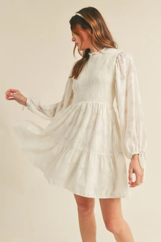 Cream Smocked Jacquard Burnout Mini Dress sold by Pinkblush