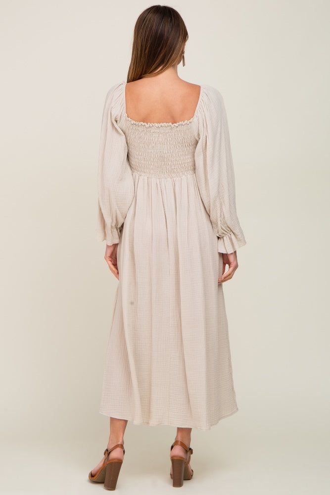 Beige Gauze Smocked Midi Dress sold by Pinkblush product image thumbnail 3