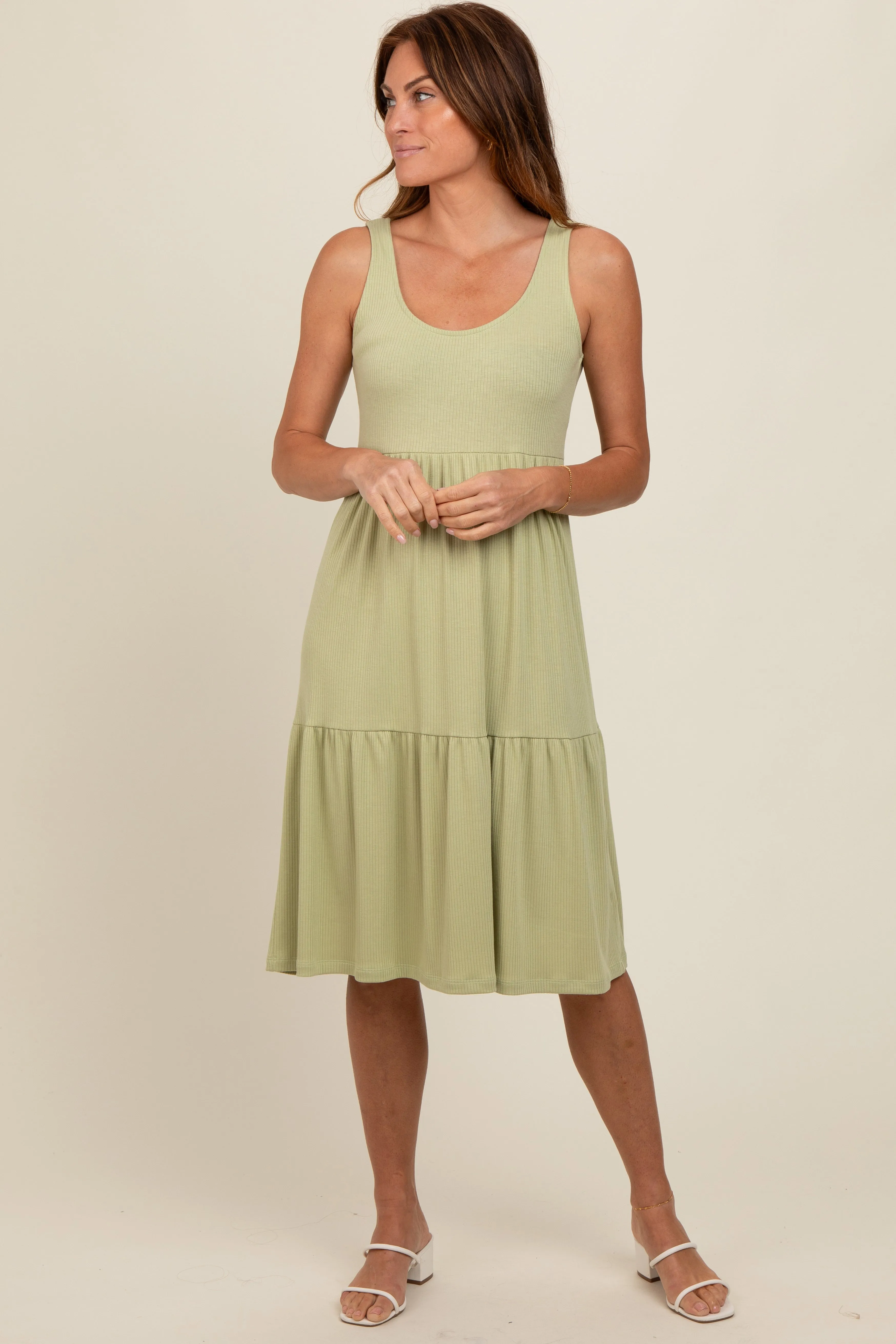 Light Olive Tiered Sleeveless Midi Dress sold by Pinkblush