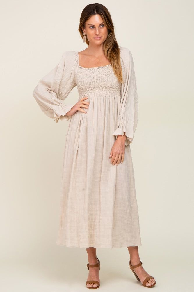 Beige Gauze Smocked Midi Dress sold by Pinkblush product image thumbnail 4