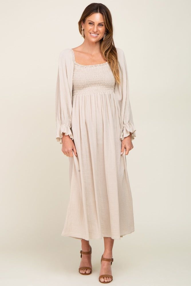 Beige Gauze Smocked Midi Dress sold by Pinkblush