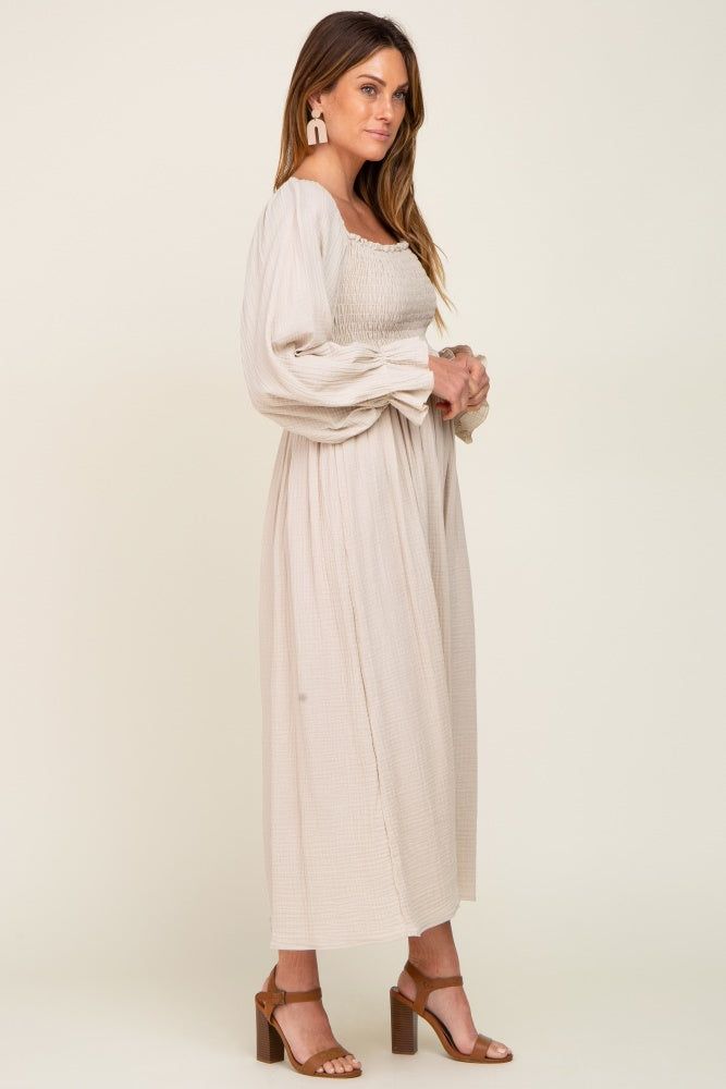 Beige Gauze Smocked Midi Dress sold by Pinkblush product image thumbnail 2