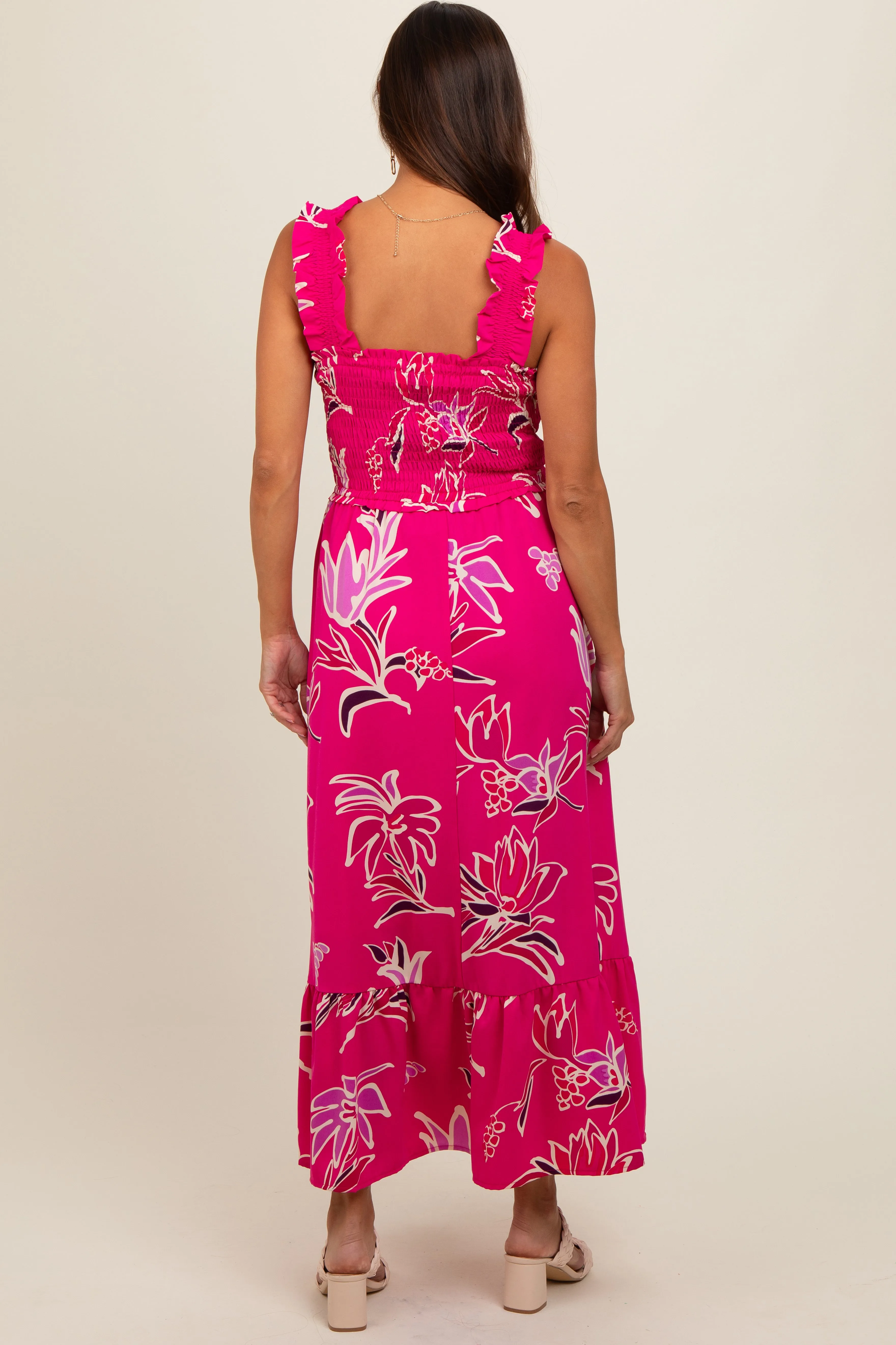Fuchsia Floral Smocked Maternity Midi Dress sold by Pinkblush product image thumbnail 2