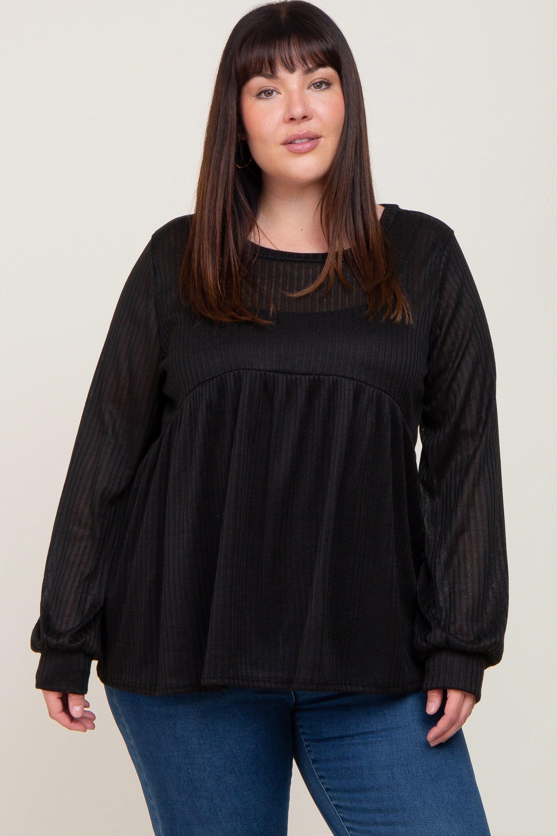 Black Knit Ribbed Babydoll Plus Top sold by Pinkblush