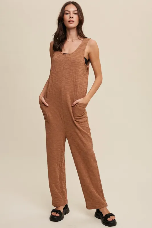 Camel Scoop Neck Sleeveless Jumpsuit sold by Pinkblush