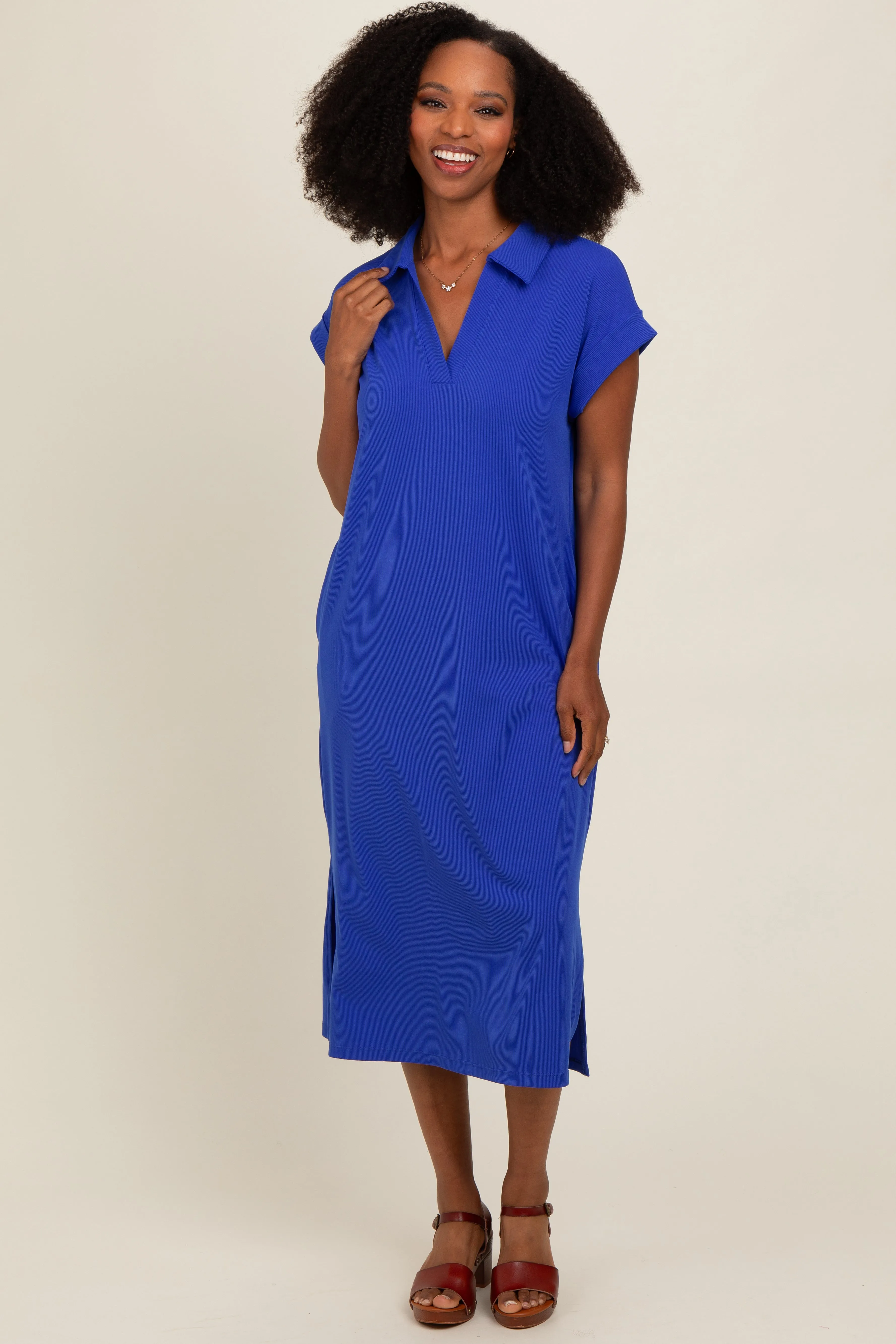 Royal Blue Collared Side Slit Midi Dress sold by Pinkblush product image thumbnail 2