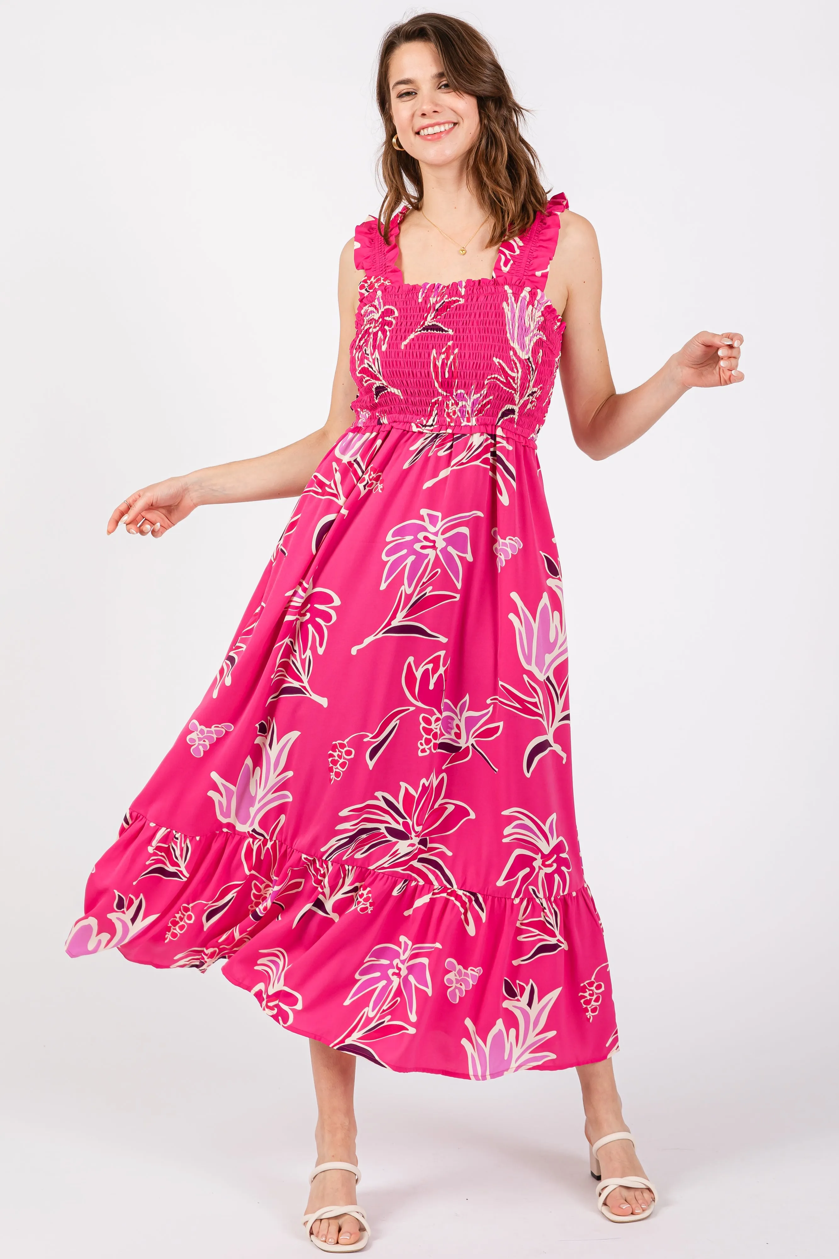 Fuchsia Floral Smocked Maternity Midi Dress sold by Pinkblush product image thumbnail 3