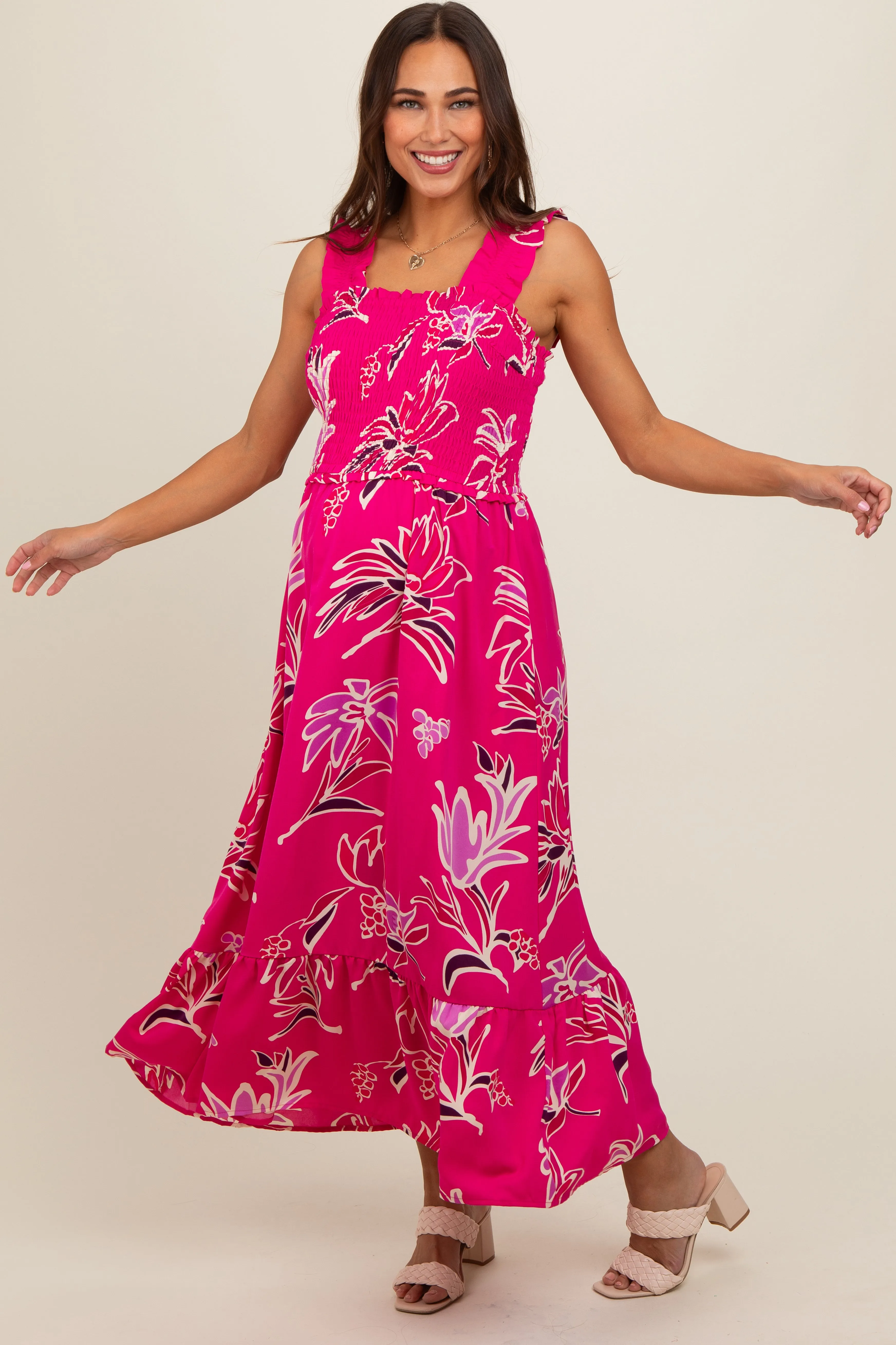 Fuchsia Floral Smocked Maternity Midi Dress sold by Pinkblush