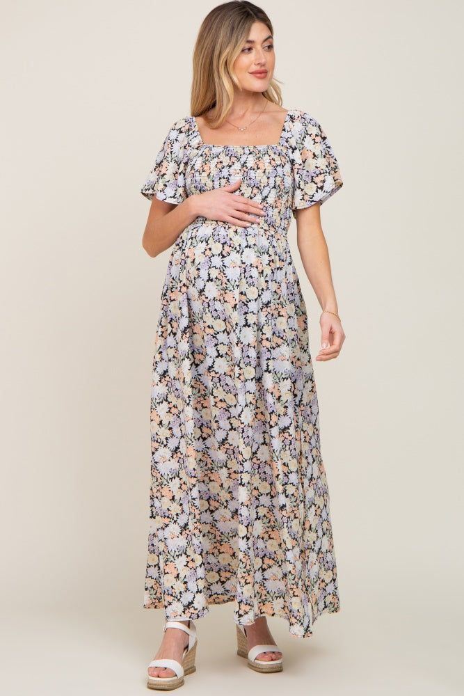 Black Floral Smocked Maternity Maxi Dress sold by Pinkblush product image thumbnail 4