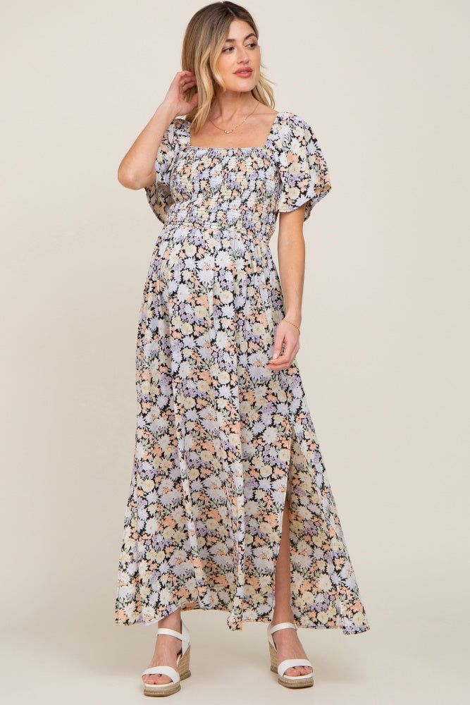 Black Floral Smocked Maternity Maxi Dress sold by Pinkblush