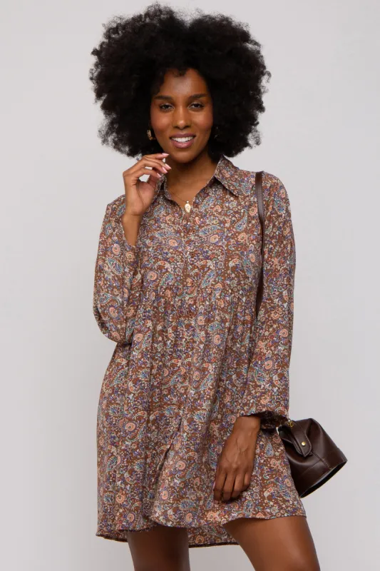 Brown Paisley Print Collared Dress sold by Pinkblush