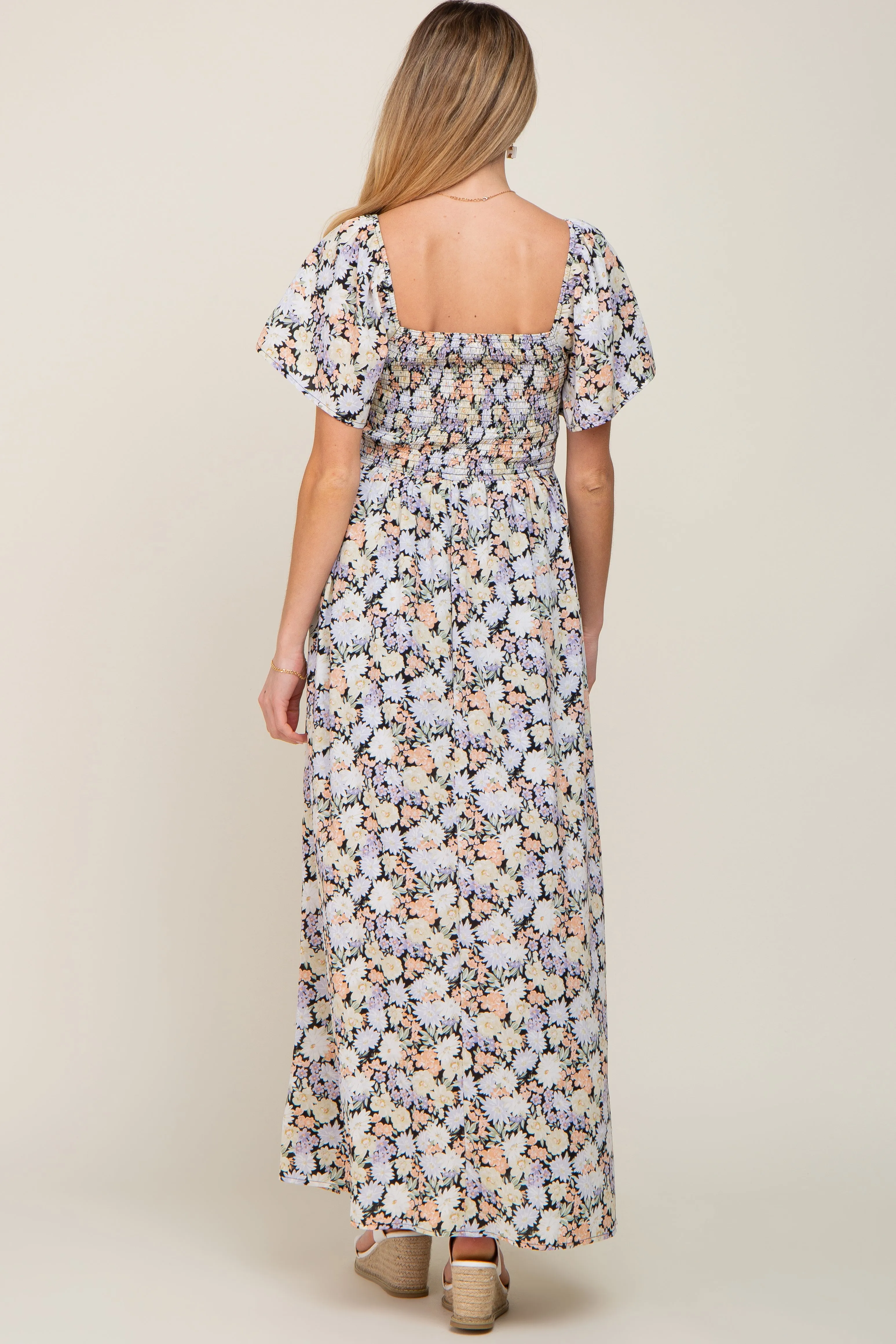 Black Floral Smocked Maternity Maxi Dress sold by Pinkblush product image thumbnail 3