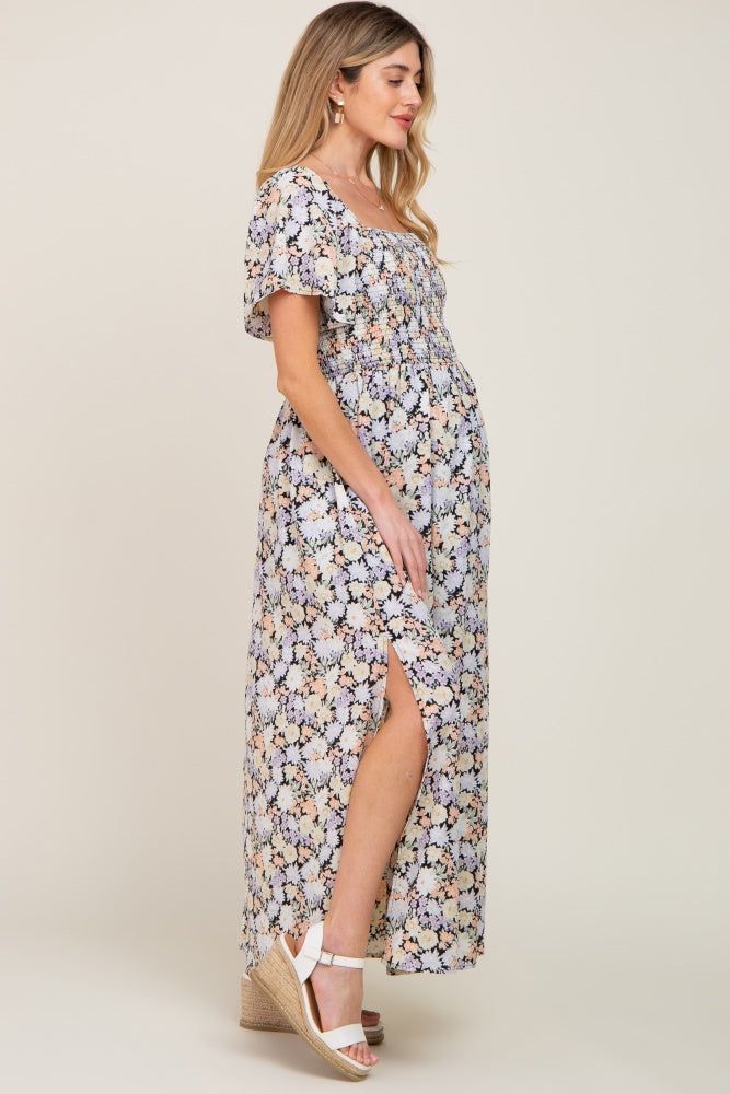 Black Floral Smocked Maternity Maxi Dress sold by Pinkblush product image thumbnail 2