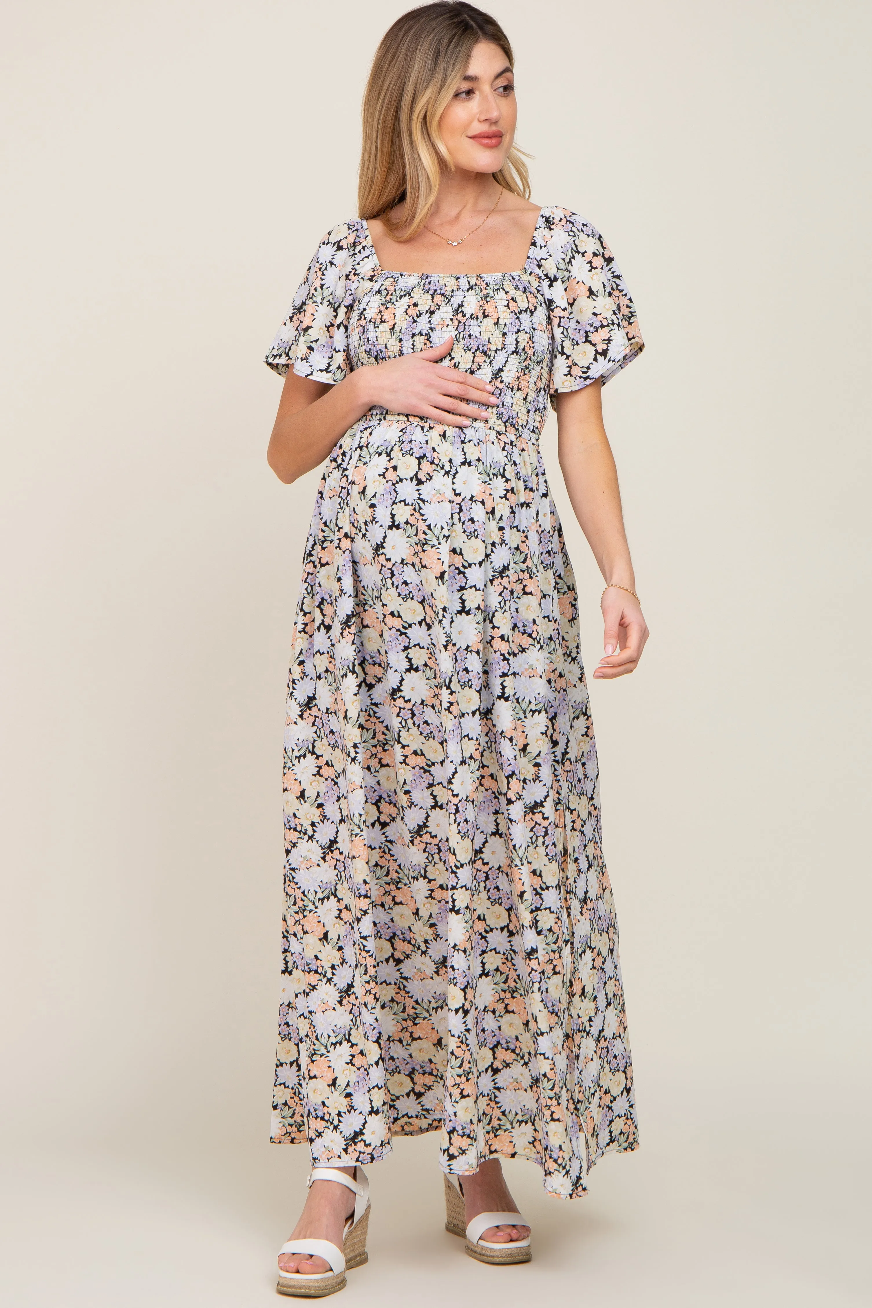 Black Floral Smocked Maternity Maxi Dress sold by Pinkblush product image thumbnail 4