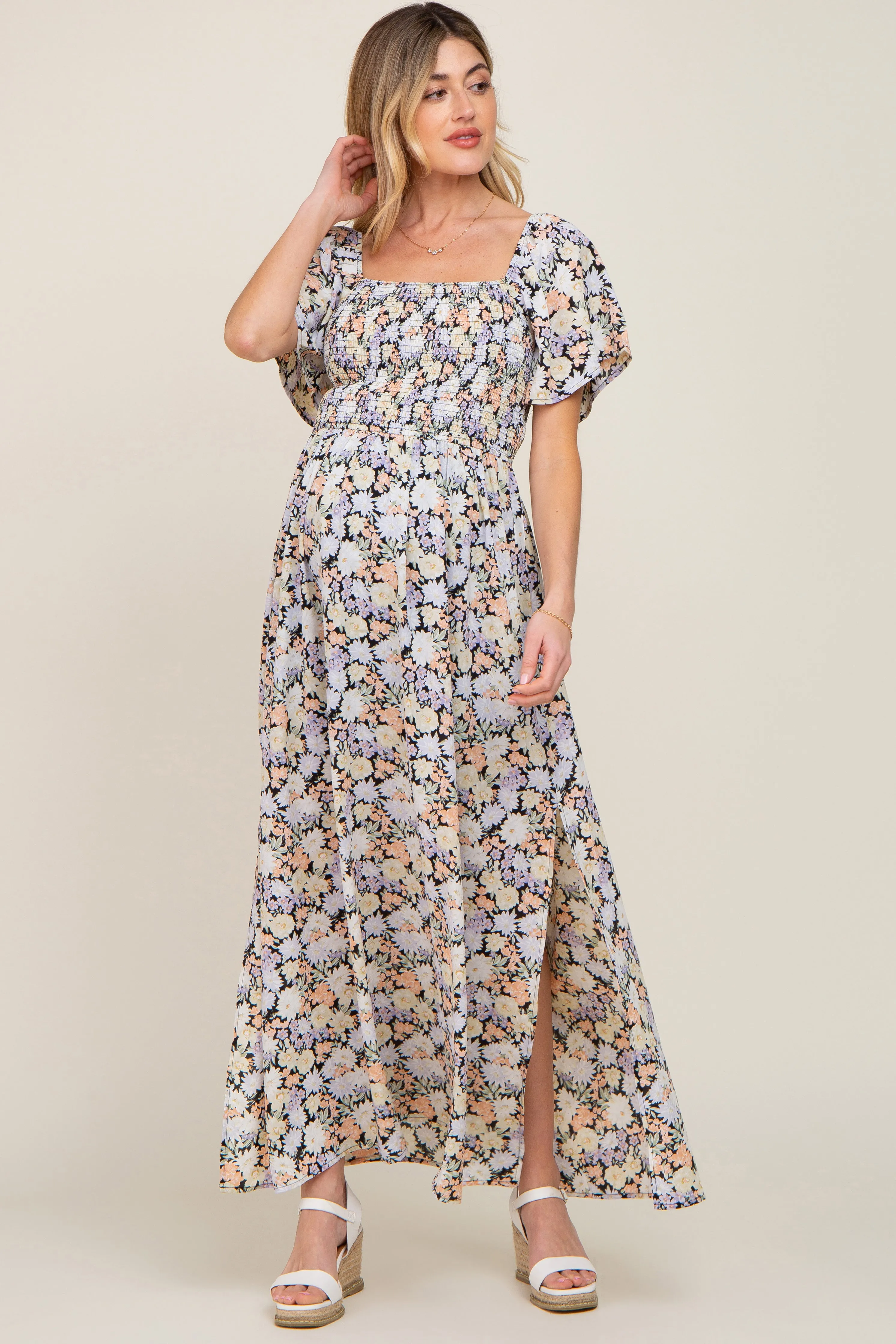 Black Floral Smocked Maternity Maxi Dress sold by Pinkblush