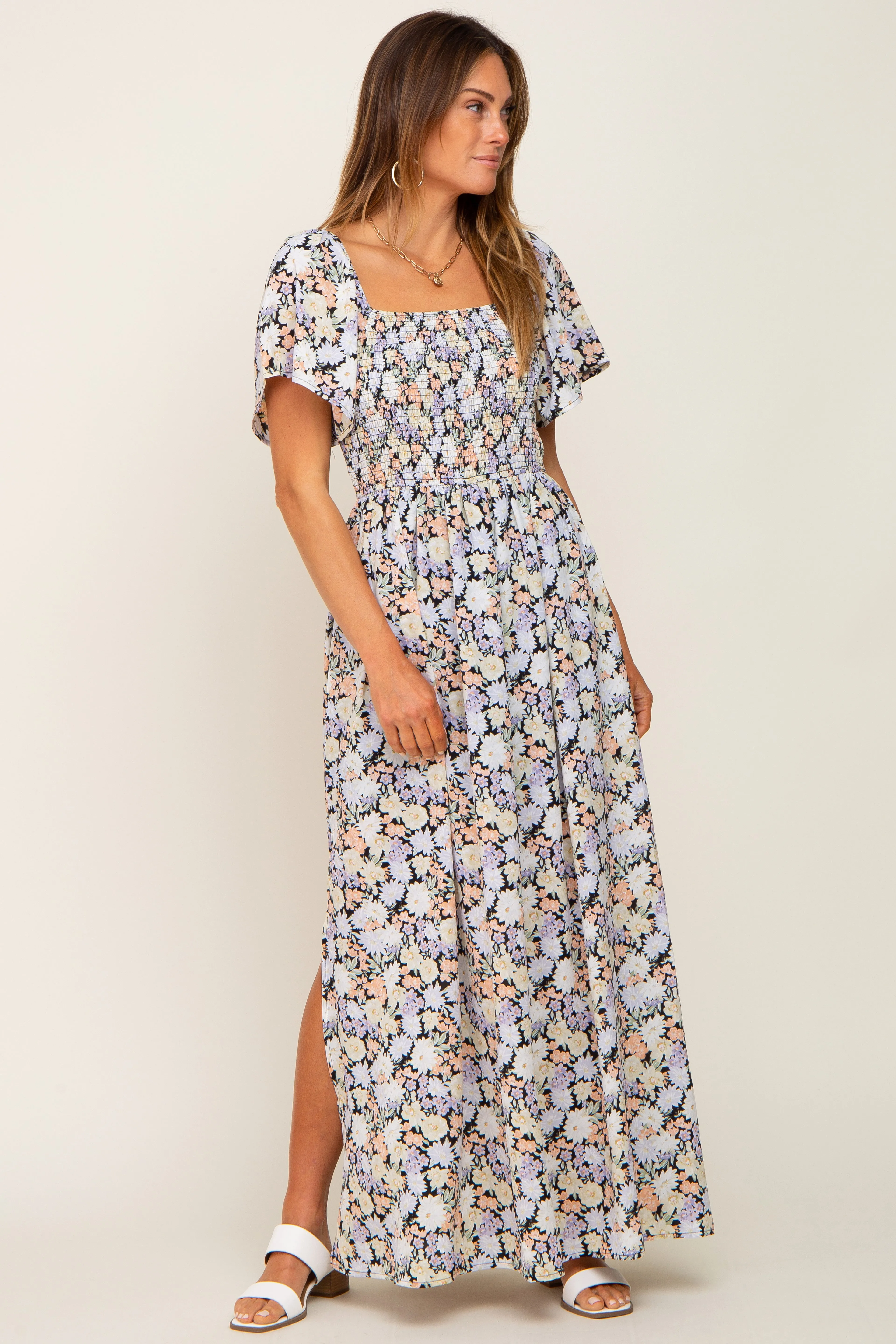 Black Floral Smocked Maternity Maxi Dress sold by Pinkblush product image thumbnail 5