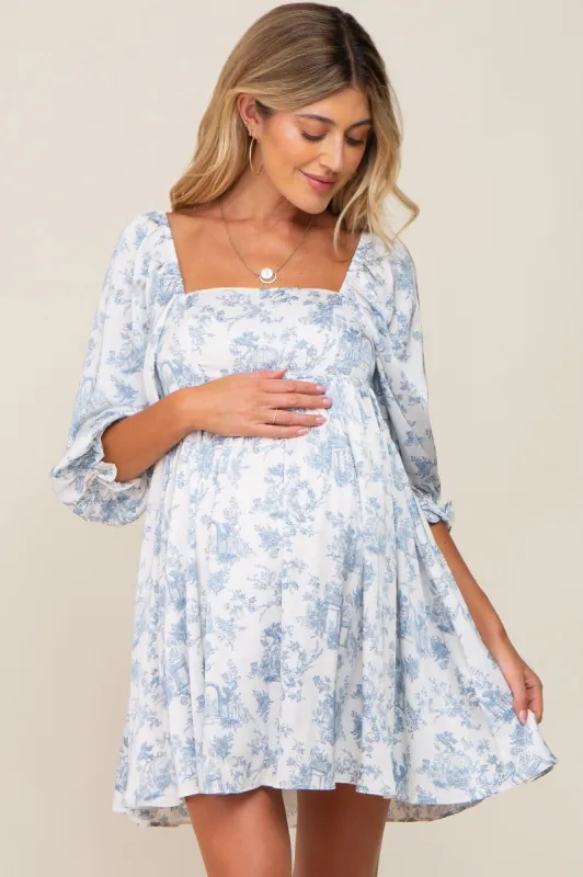 White Floral Puff Sleeve Satin Maternity Dress sold by Pinkblush