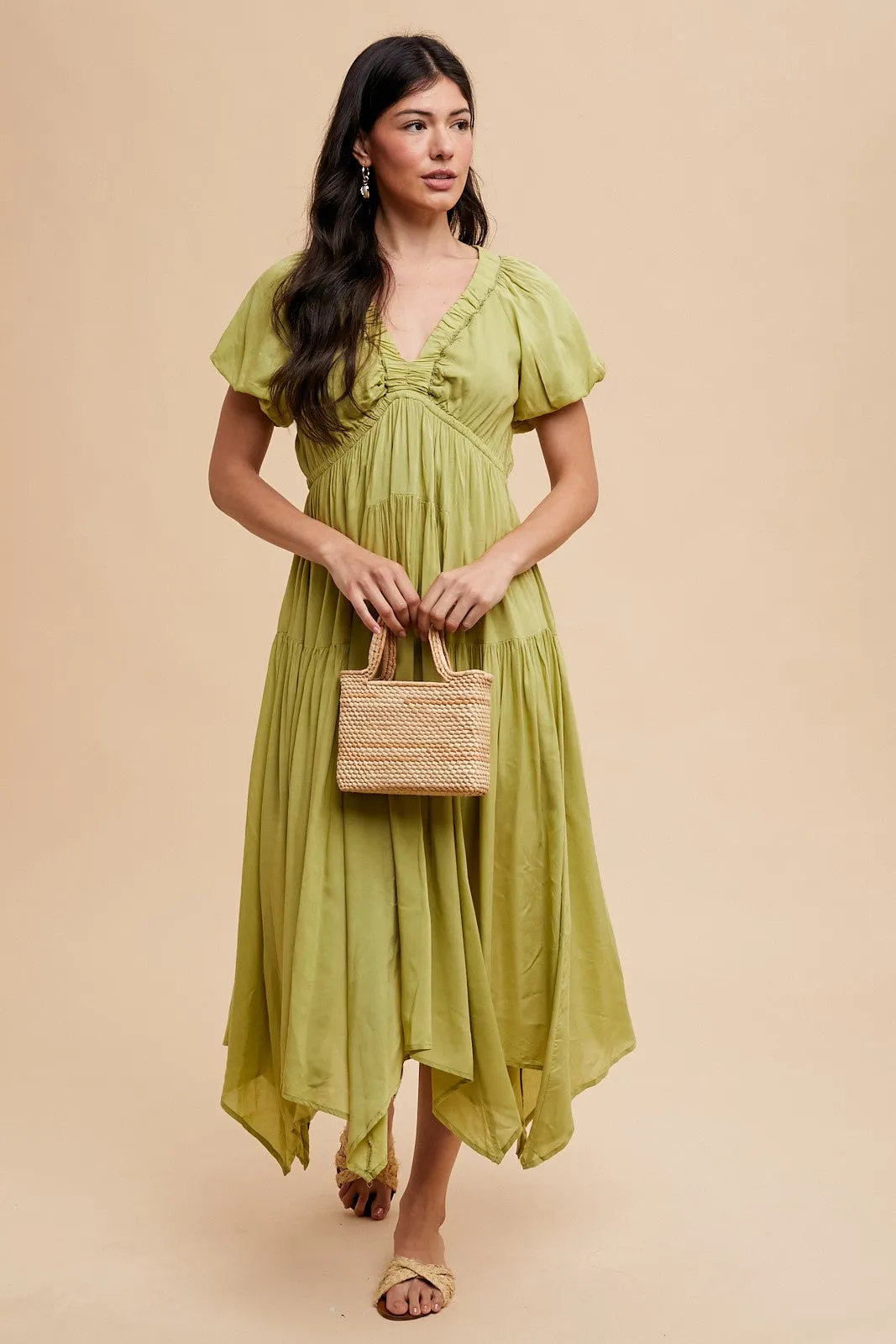 Light Olive Deep V-Neck Puff Short Sleeve Asymmetrical Hem Midi Dress sold by Pinkblush product image thumbnail 2