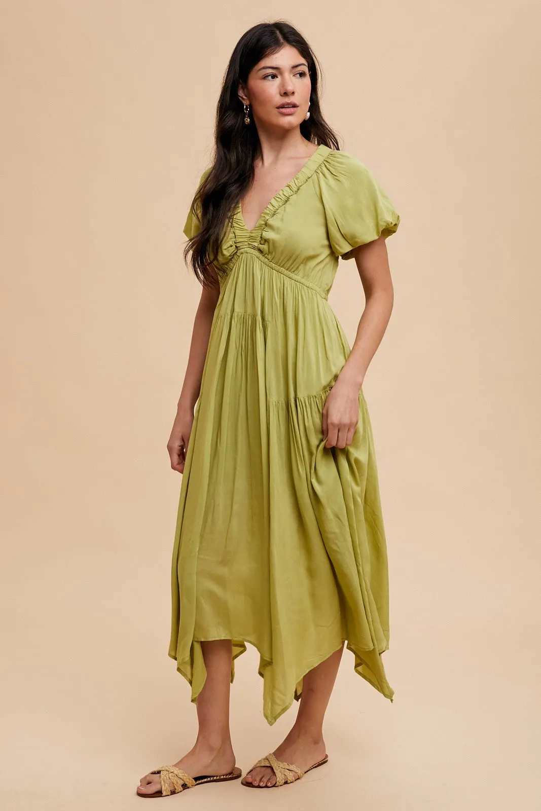 Light Olive Deep V-Neck Puff Short Sleeve Asymmetrical Hem Midi Dress sold by Pinkblush product image thumbnail 3