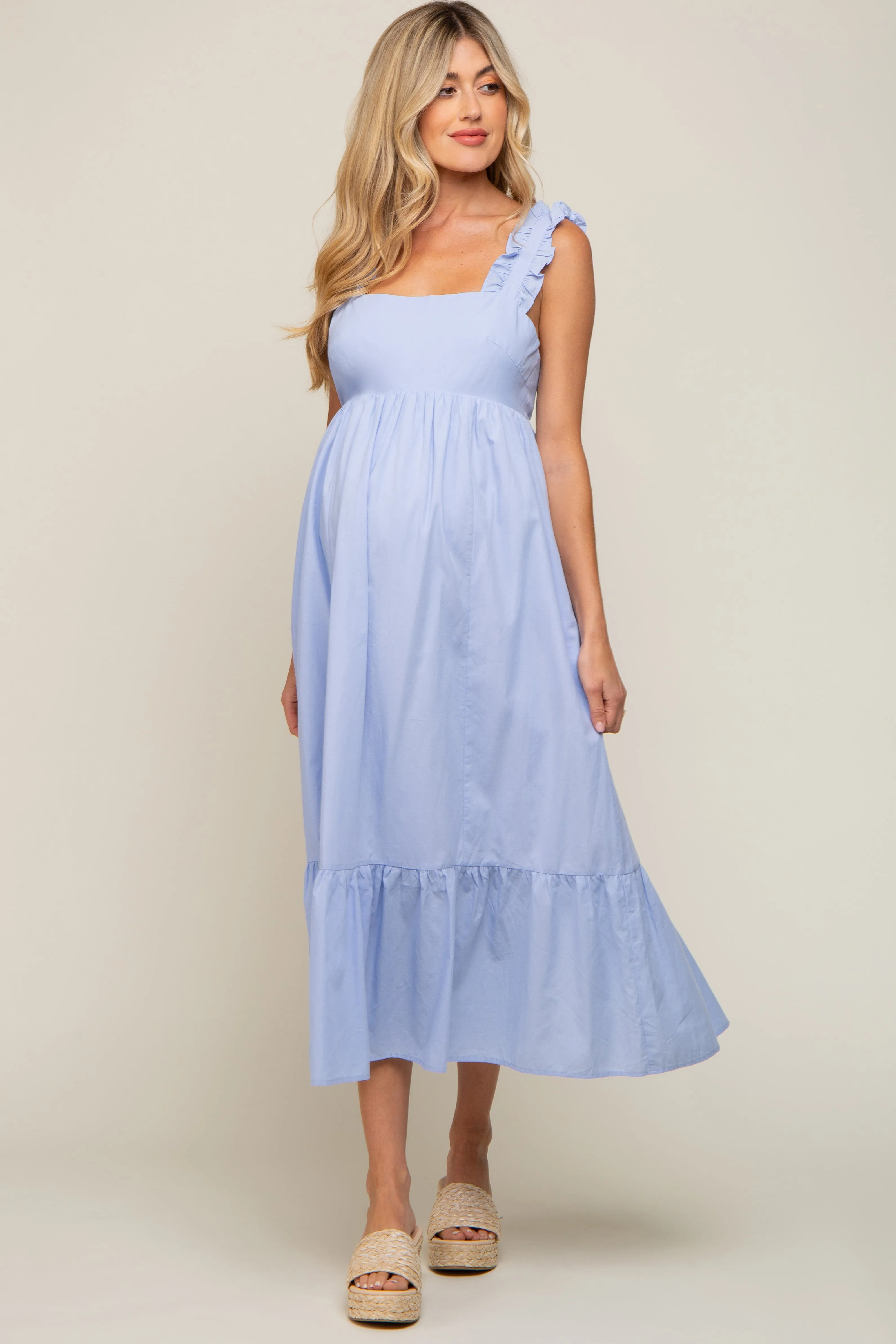Light Blue Ruffle Accent Back Tie Maternity Midi Dress sold by Pinkblush product image thumbnail 4