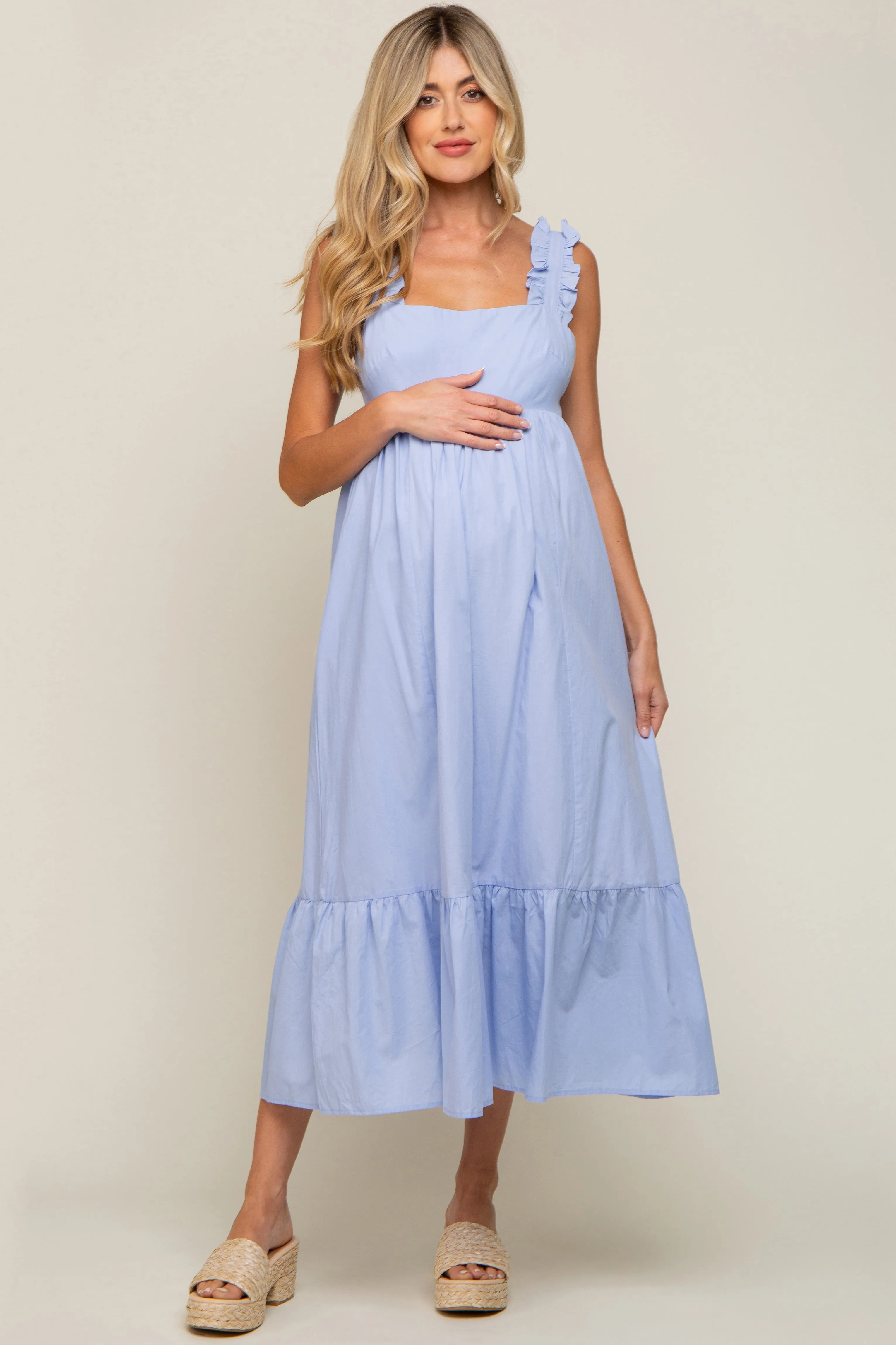 Light Blue Ruffle Accent Back Tie Maternity Midi Dress sold by Pinkblush