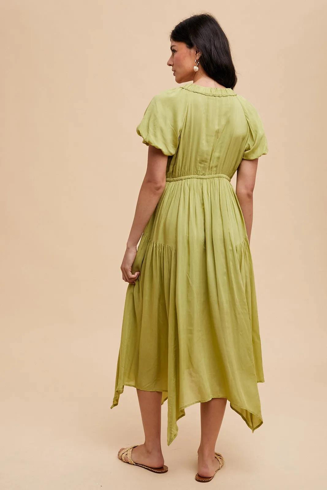 Light Olive Deep V-Neck Puff Short Sleeve Asymmetrical Hem Midi Dress sold by Pinkblush product image thumbnail 4
