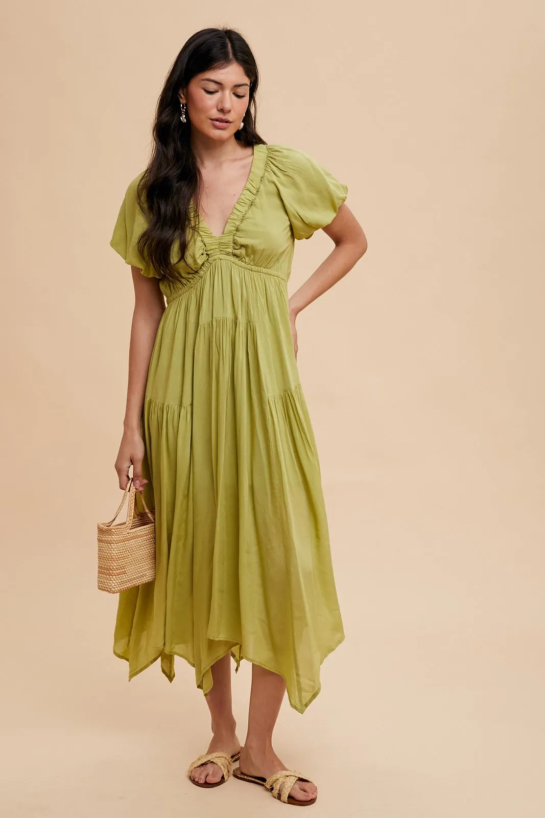 Light Olive Deep V-Neck Puff Short Sleeve Asymmetrical Hem Midi Dress sold by Pinkblush