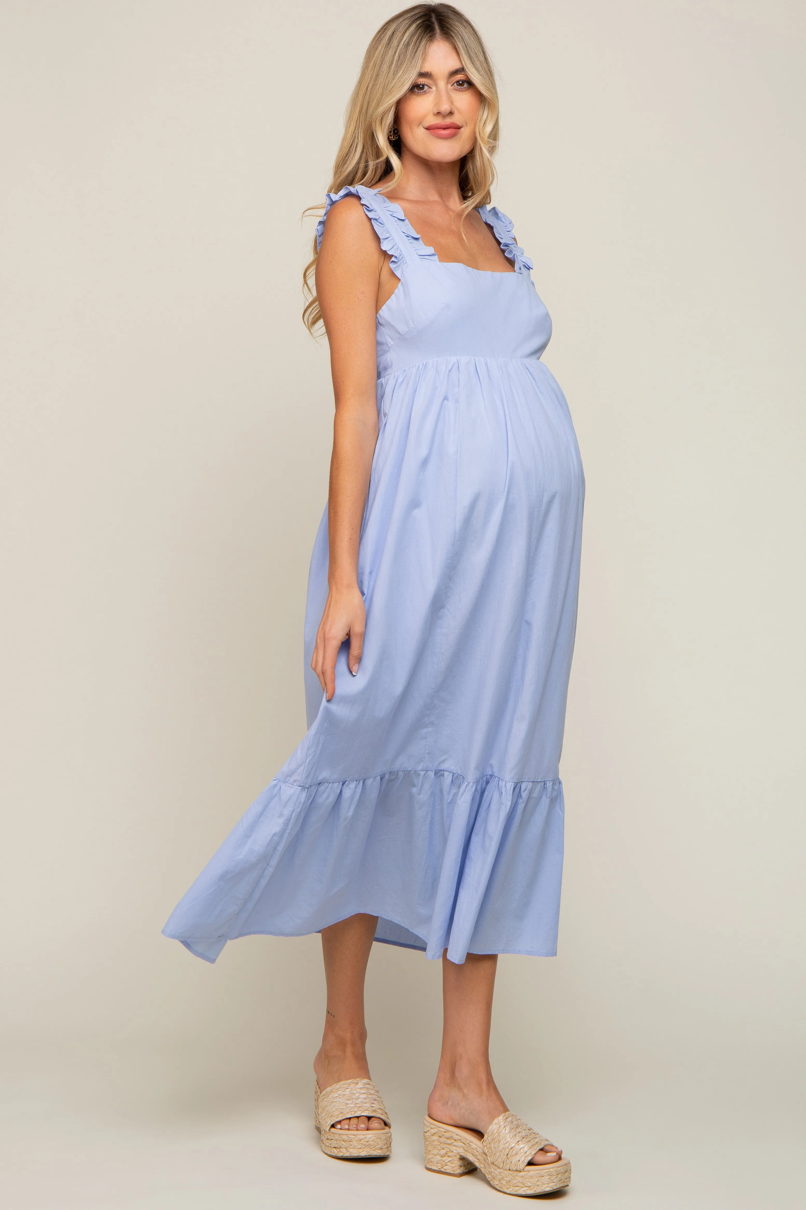 Light Blue Ruffle Accent Back Tie Maternity Midi Dress sold by Pinkblush product image thumbnail 2