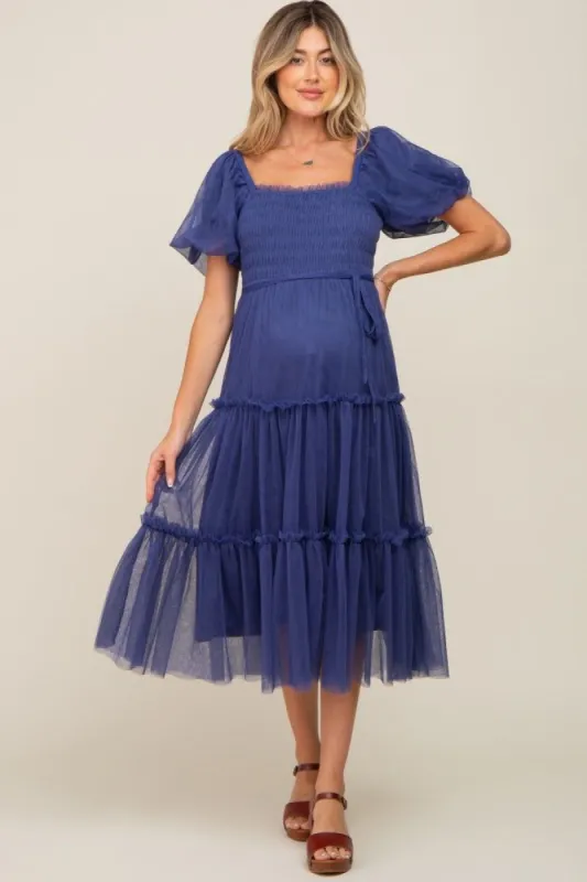 Navy Tulle Smocked Tiered Maternity Midi Dress sold by Pinkblush
