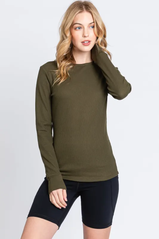 Olive Waffle Knit Basic Long Sleeve Top sold by Pinkblush