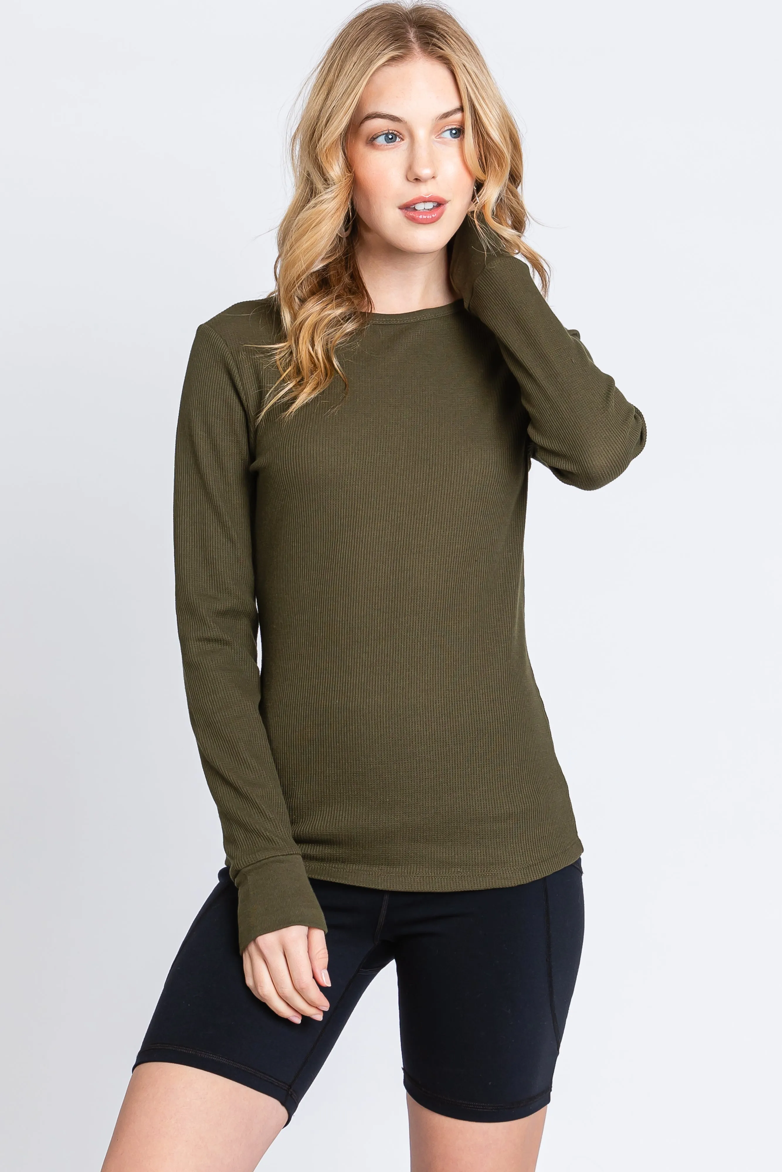 Olive Waffle Knit Basic Long Sleeve Top sold by Pinkblush