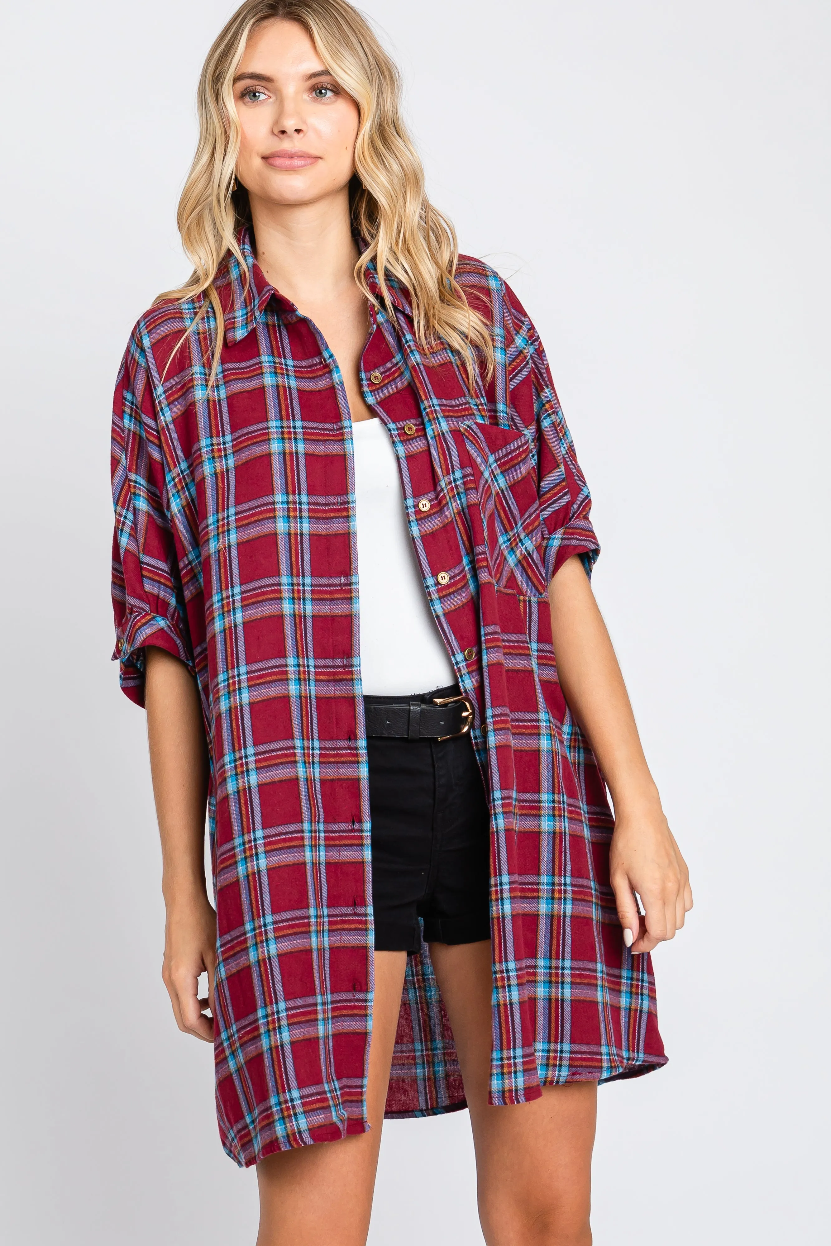 Burgundy Plaid Oversized Mini Dress sold by Pinkblush product image thumbnail 4