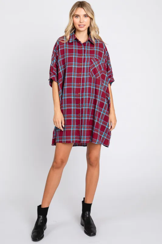 Burgundy Plaid Oversized Mini Dress sold by Pinkblush