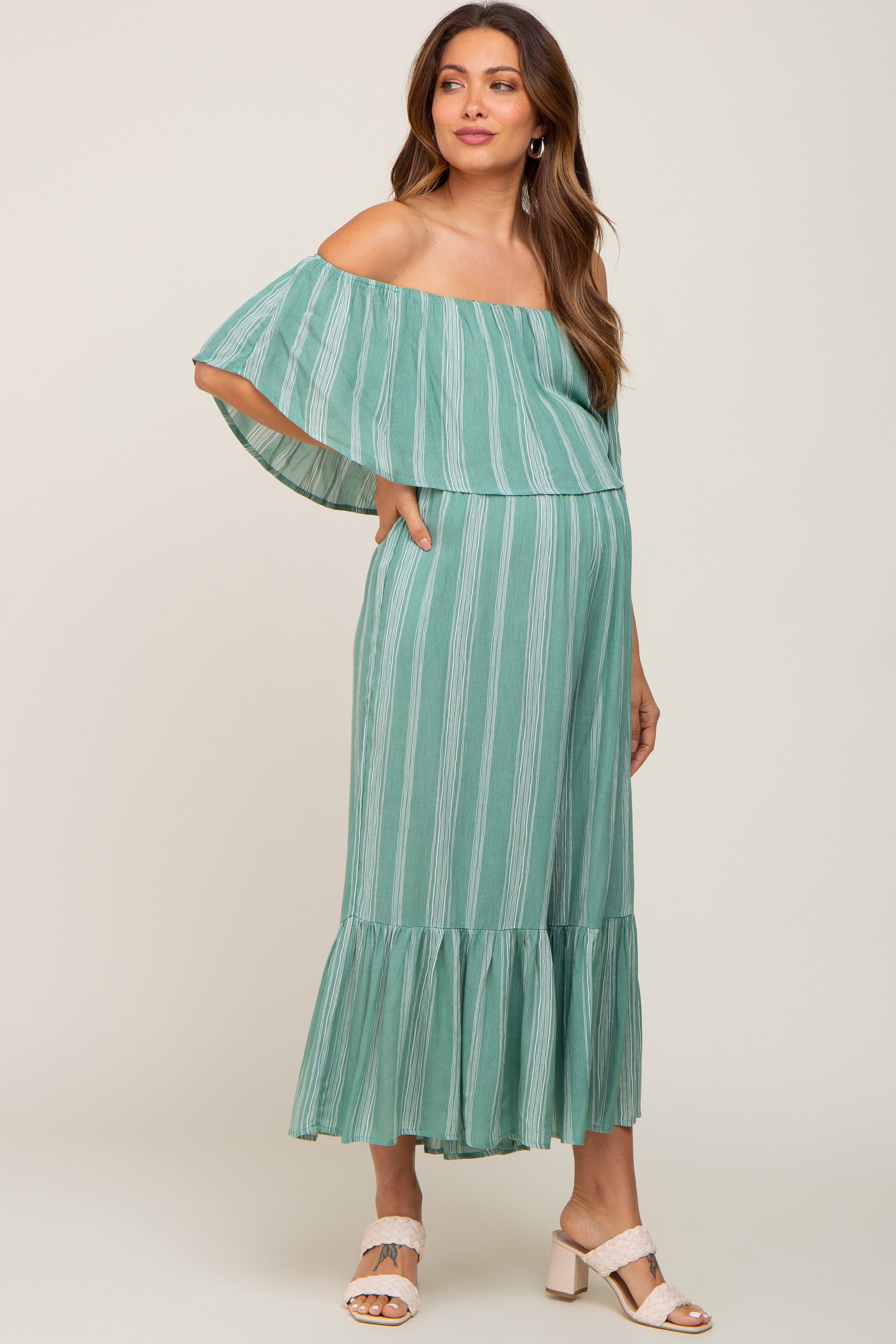 Green Striped Off Shoulder Maternity Jumpsuit sold by Pinkblush product image thumbnail 4