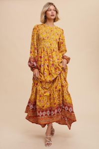 Gold Floral Smocked Tiered Maxi Dress sold by Pinkblush