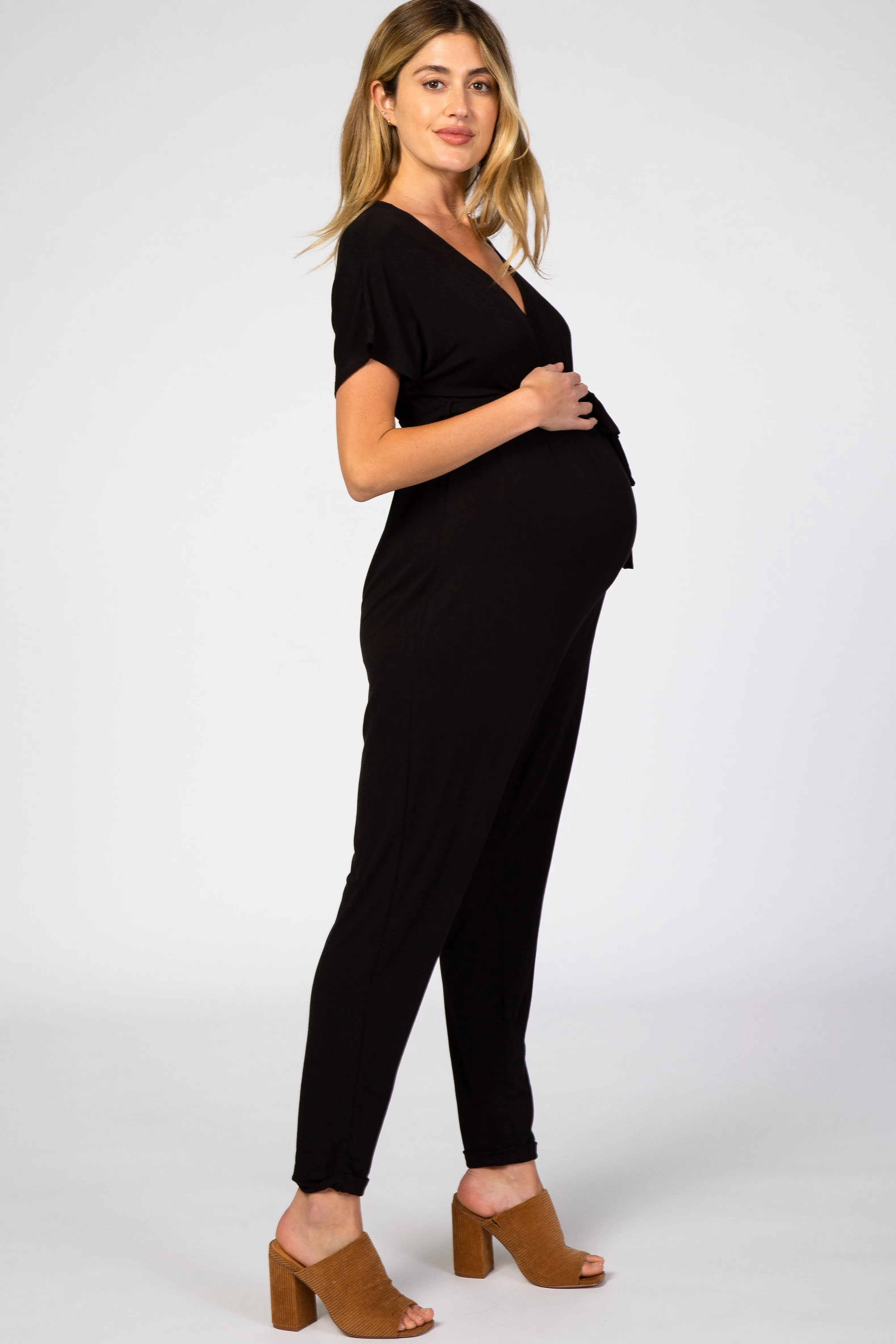 Black Wrap Tie Maternity Jumpsuit sold by Pinkblush product image thumbnail 2