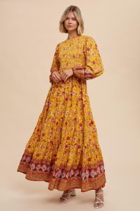 Gold Floral Smocked Tiered Maxi Dress sold by Pinkblush