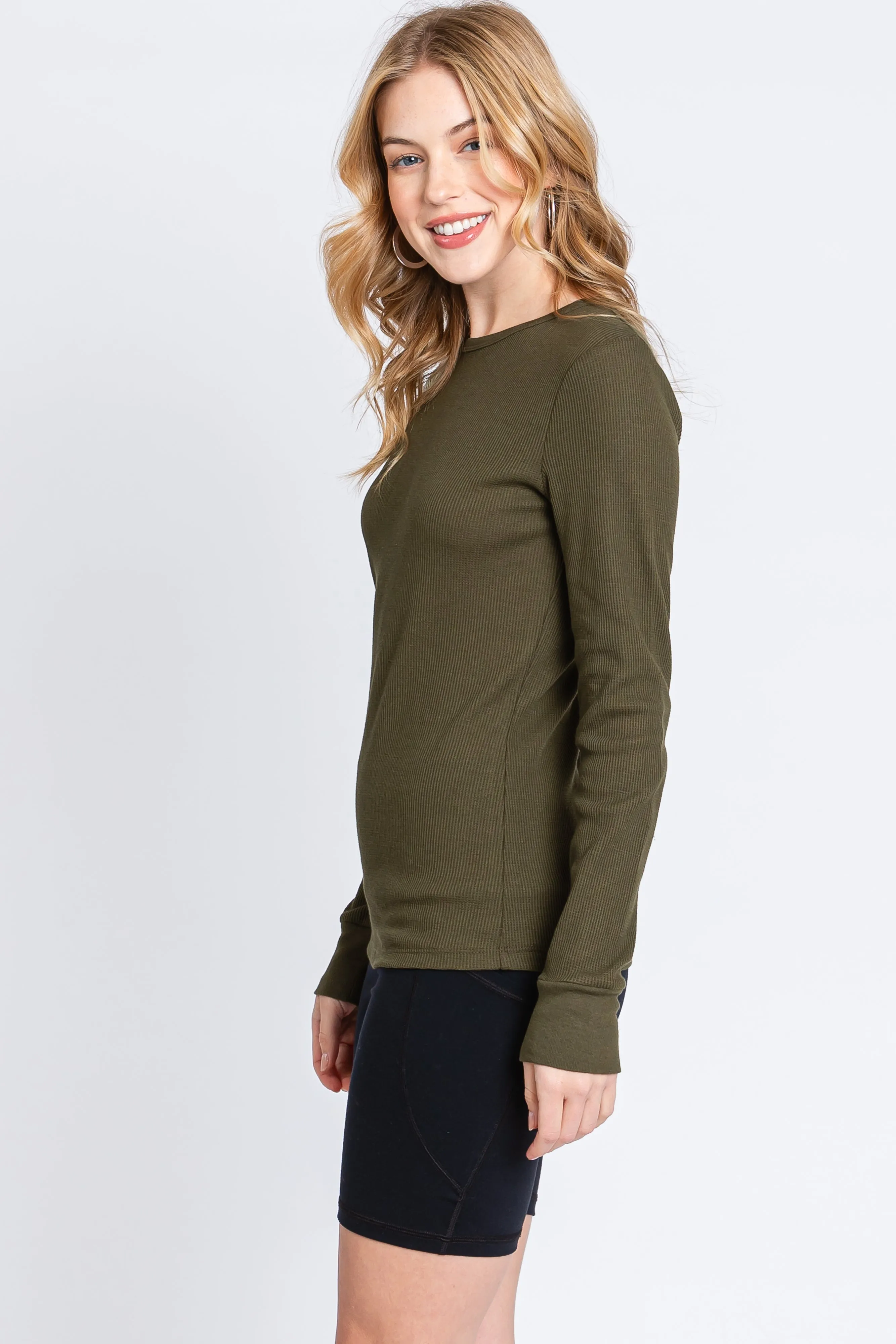 Olive Waffle Knit Basic Long Sleeve Top sold by Pinkblush product image thumbnail 2