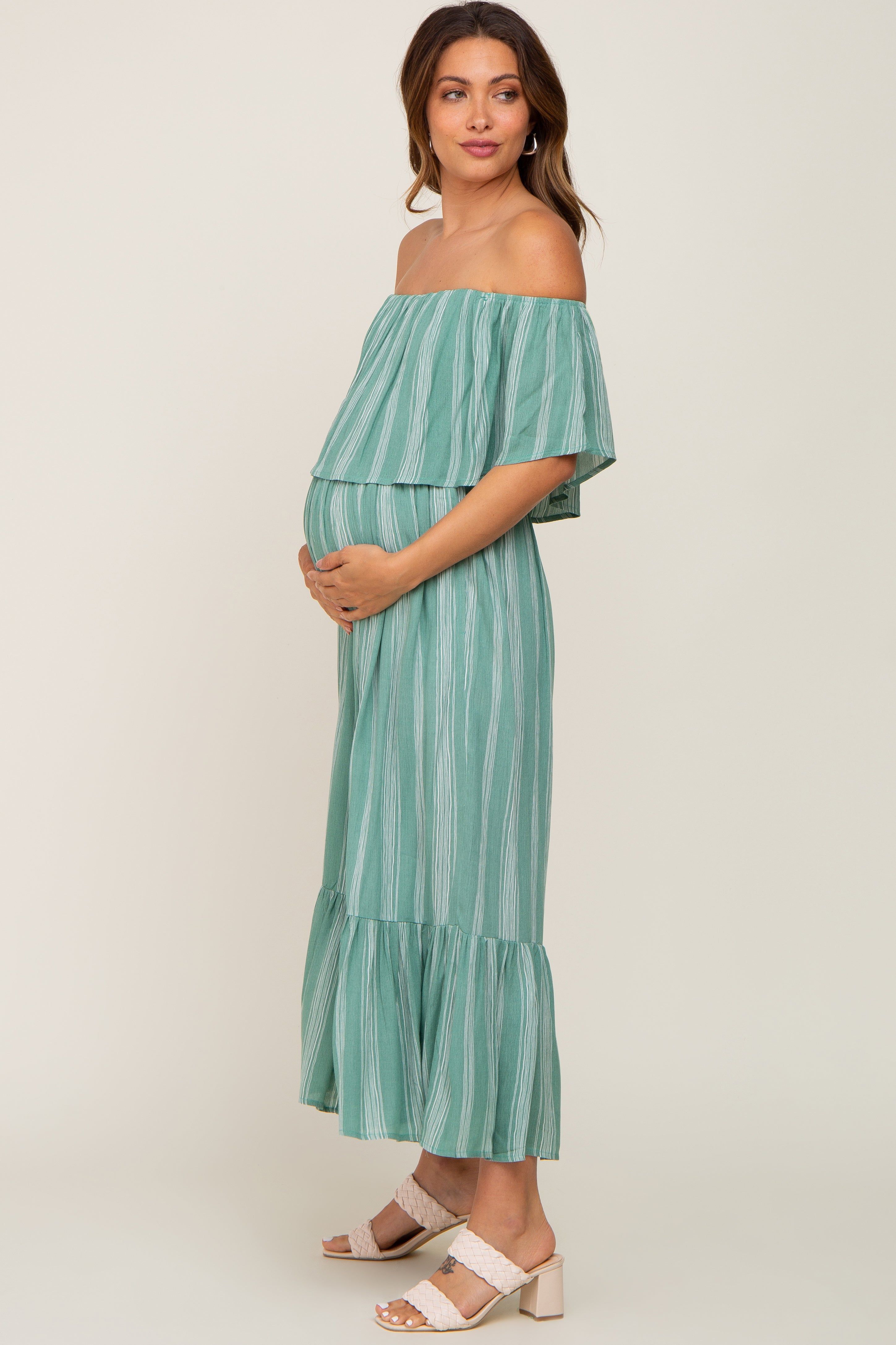 Green Striped Off Shoulder Maternity Jumpsuit sold by Pinkblush product image thumbnail 2