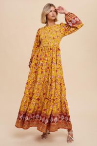 Gold Floral Smocked Tiered Maxi Dress sold by Pinkblush