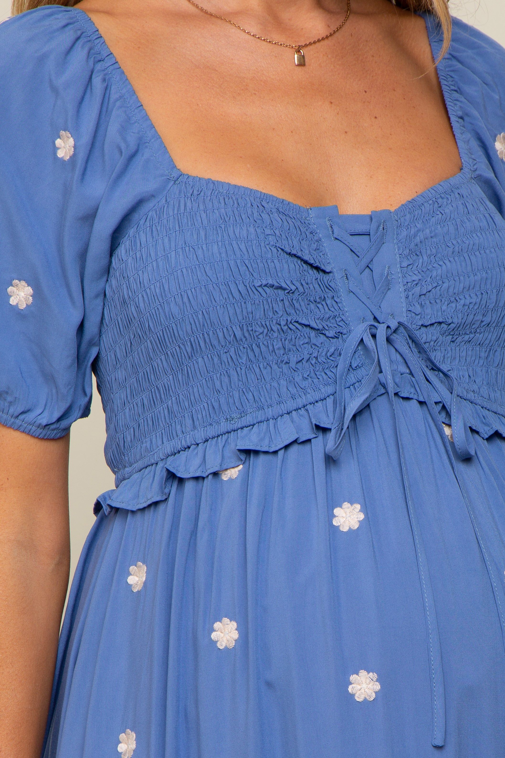 Blue Floral Embroidered Smocked Maternity Maxi Dress sold by Pinkblush product image thumbnail 4