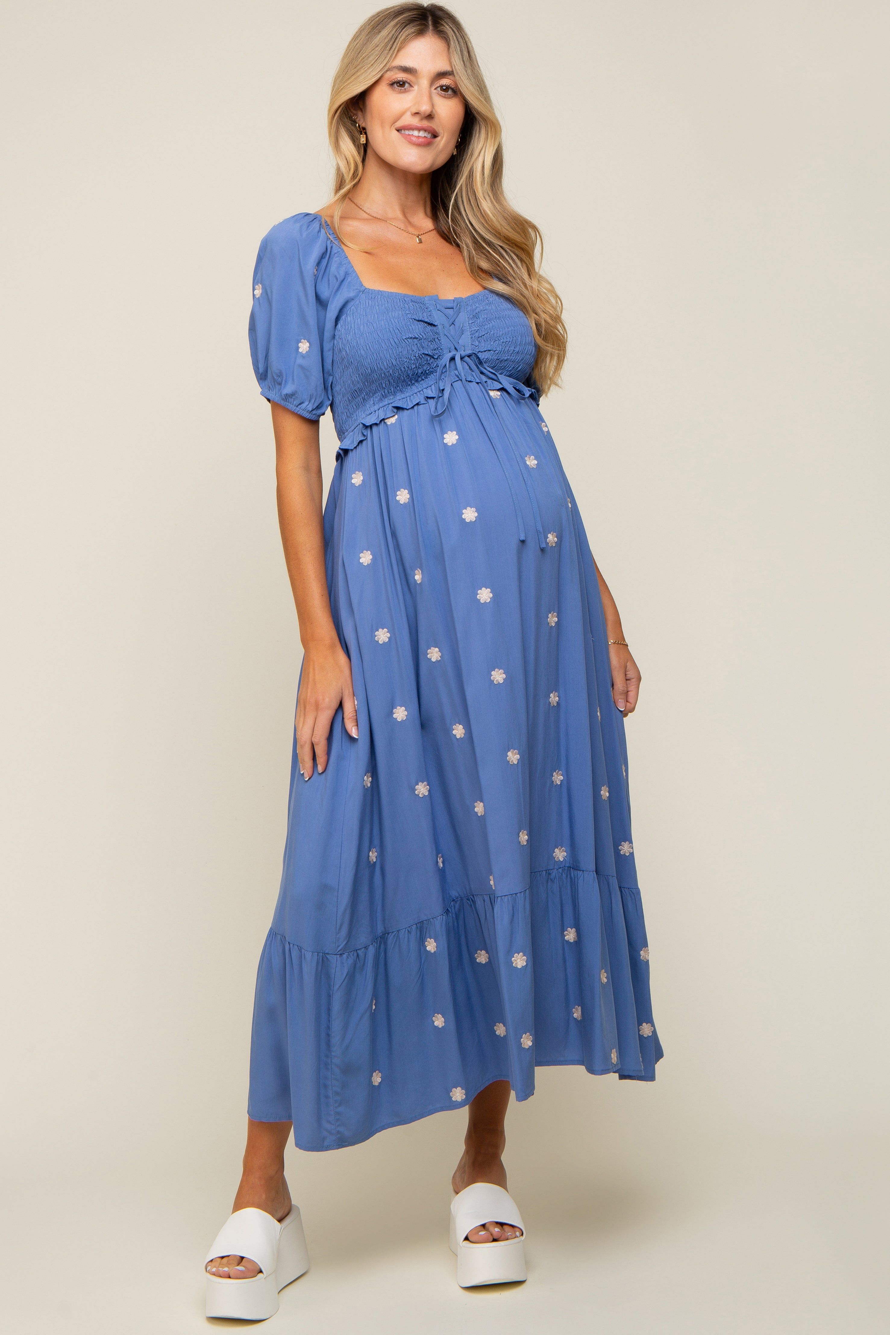 Blue Floral Embroidered Smocked Maternity Maxi Dress sold by Pinkblush