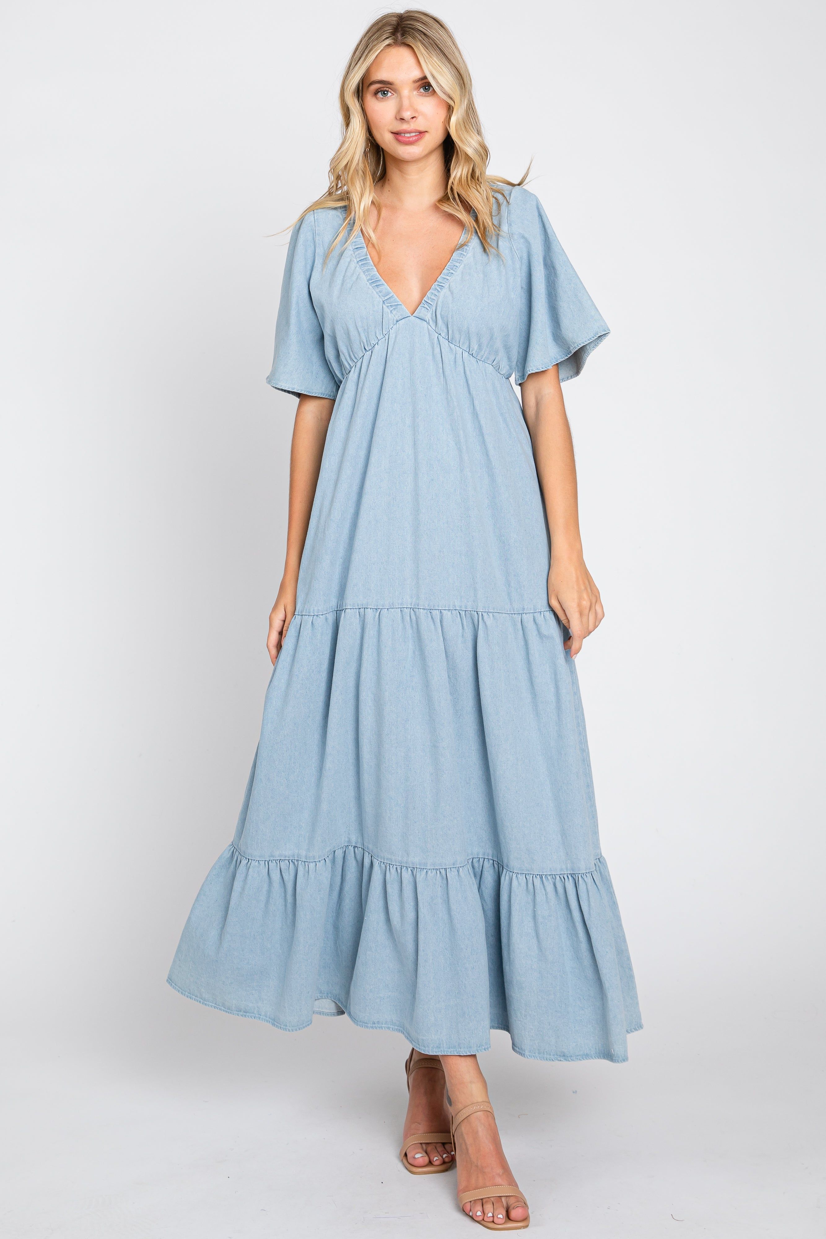 Light Blue Denim Tiered Midi Dress sold by Pinkblush