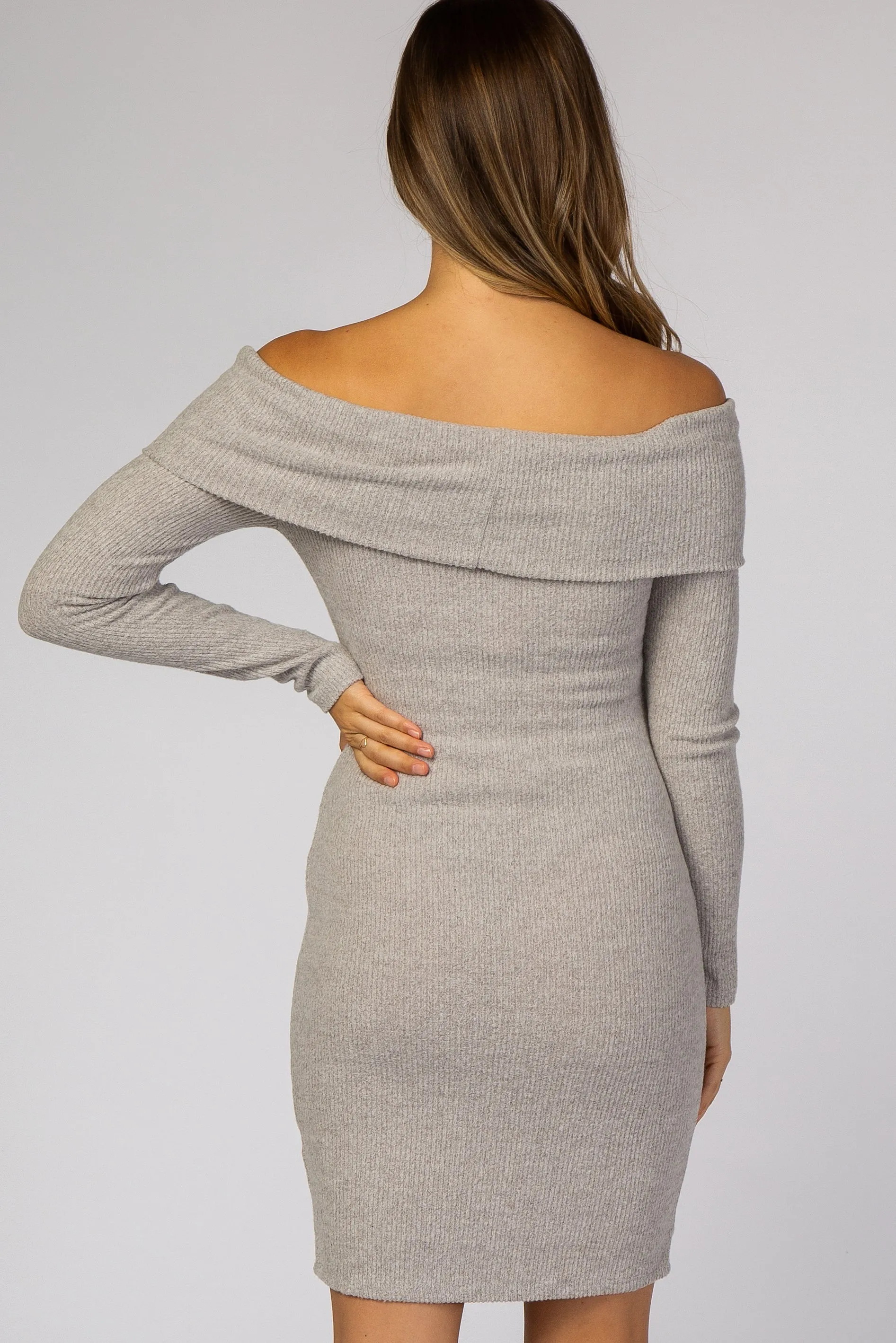 Heather Grey Soft Ribbed Folded Neck Off Shoulder Maternity Dress sold by Pinkblush product image thumbnail 4