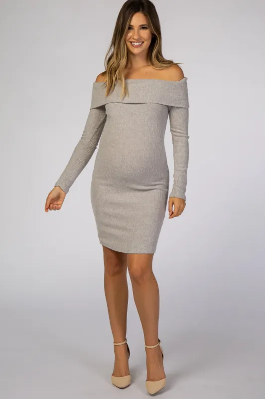 Heather Grey Soft Ribbed Folded Neck Off Shoulder Maternity Dress sold by Pinkblush