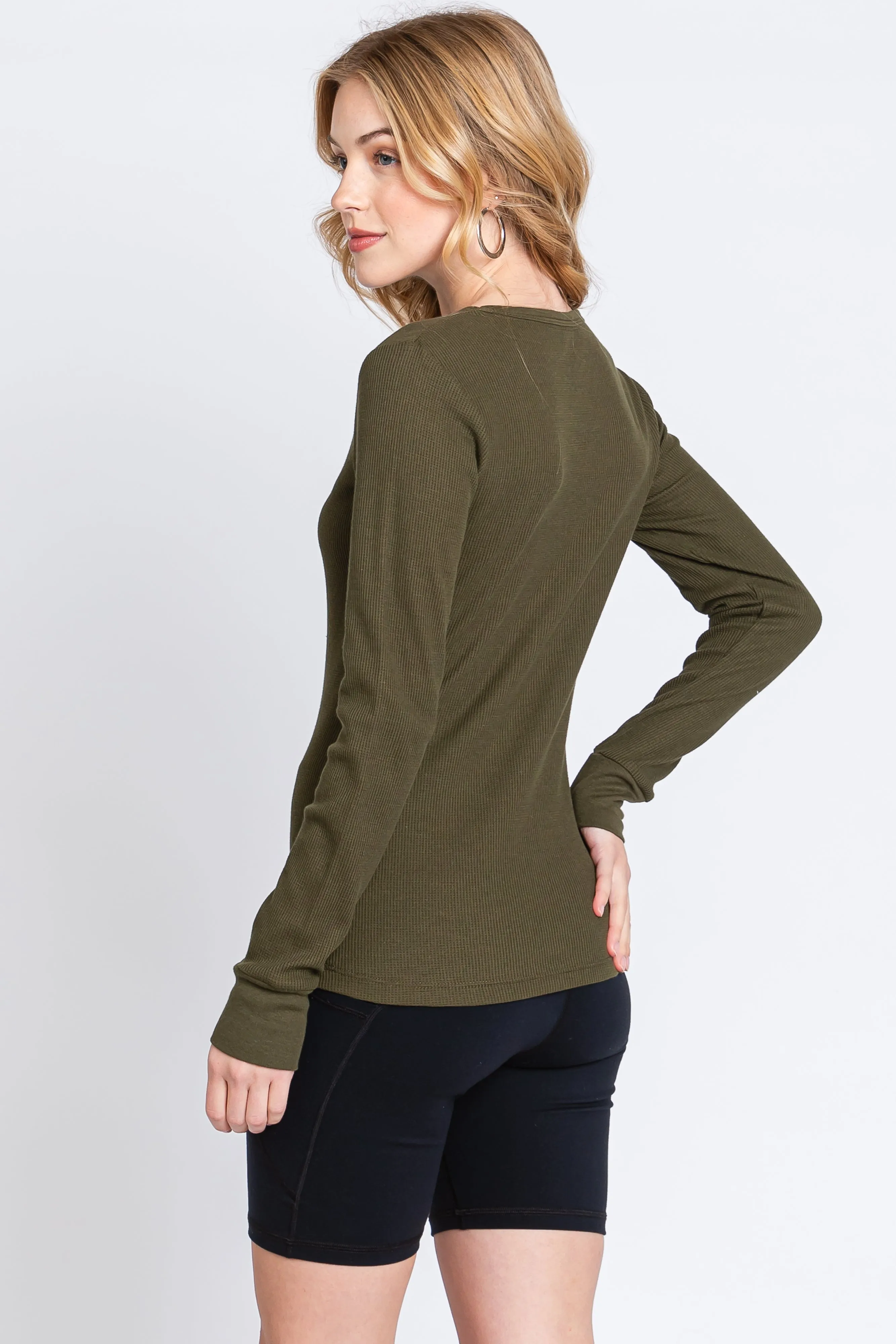Olive Waffle Knit Basic Long Sleeve Top sold by Pinkblush product image thumbnail 3