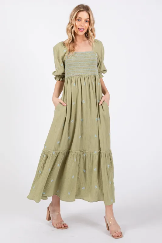 Light Olive Gauze Smocked Embroidered Square Neck Midi Dress sold by Pinkblush