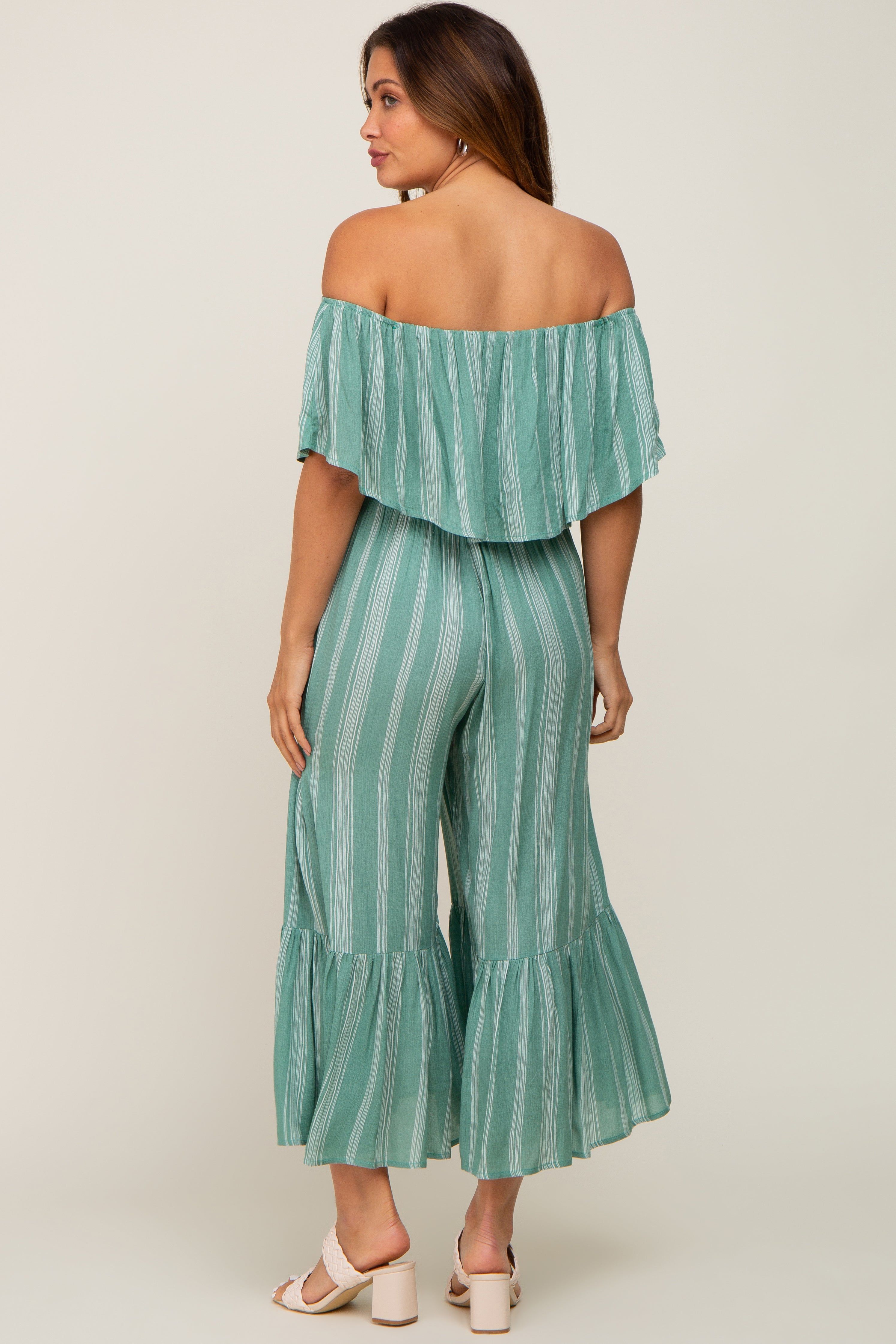 Green Striped Off Shoulder Maternity Jumpsuit sold by Pinkblush product image thumbnail 3