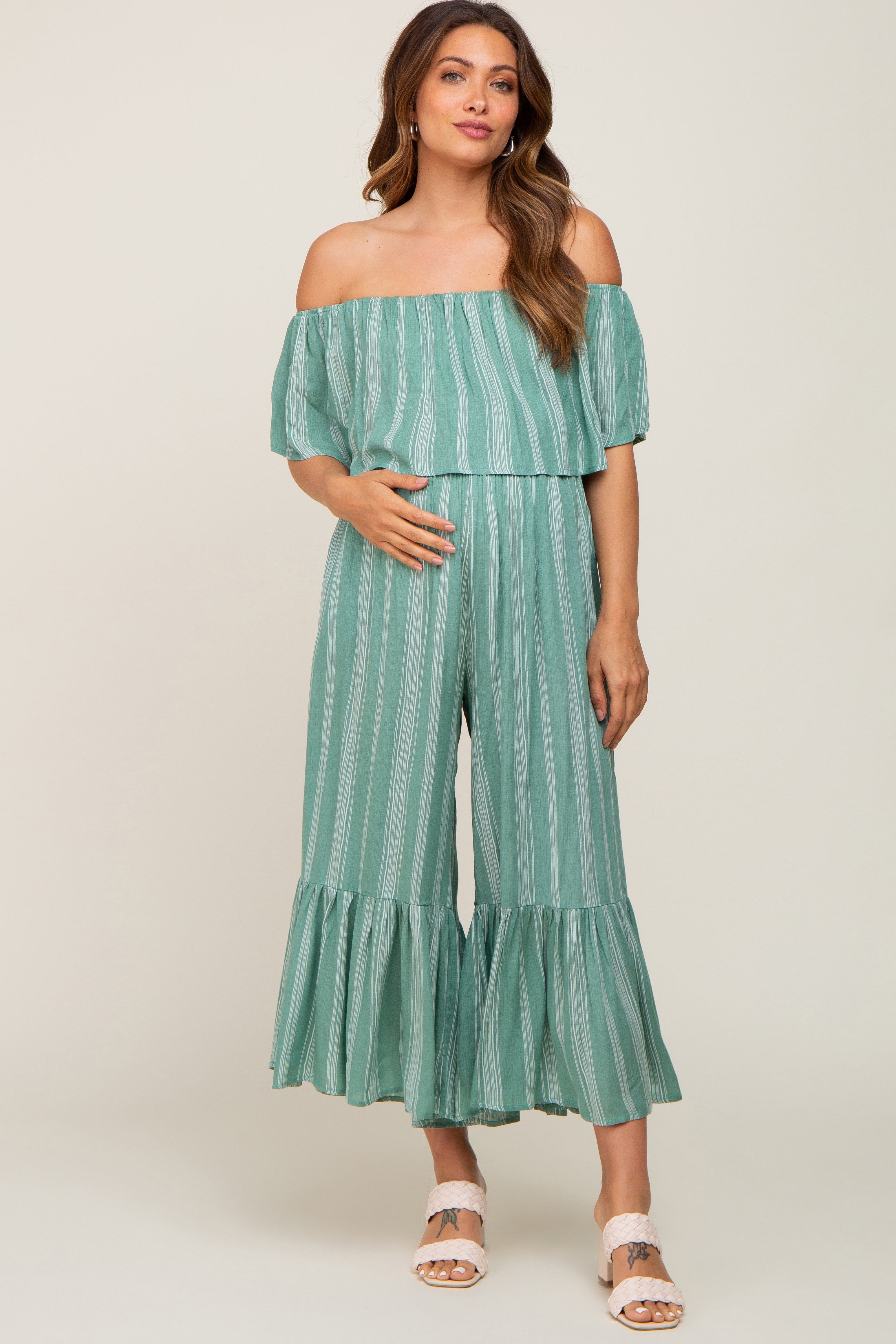 Green Striped Off Shoulder Maternity Jumpsuit sold by Pinkblush