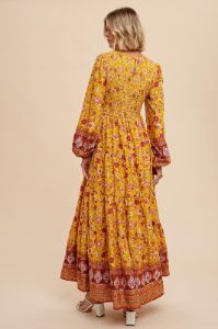 Gold Floral Smocked Tiered Maxi Dress sold by Pinkblush